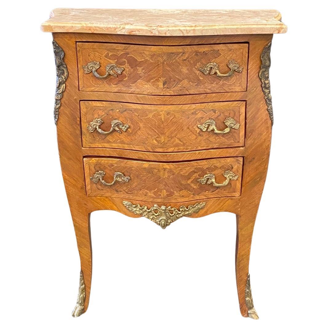 French Louis XV Inlaid Walnut and Fruitwood Petite Commode Night Stand For Sale