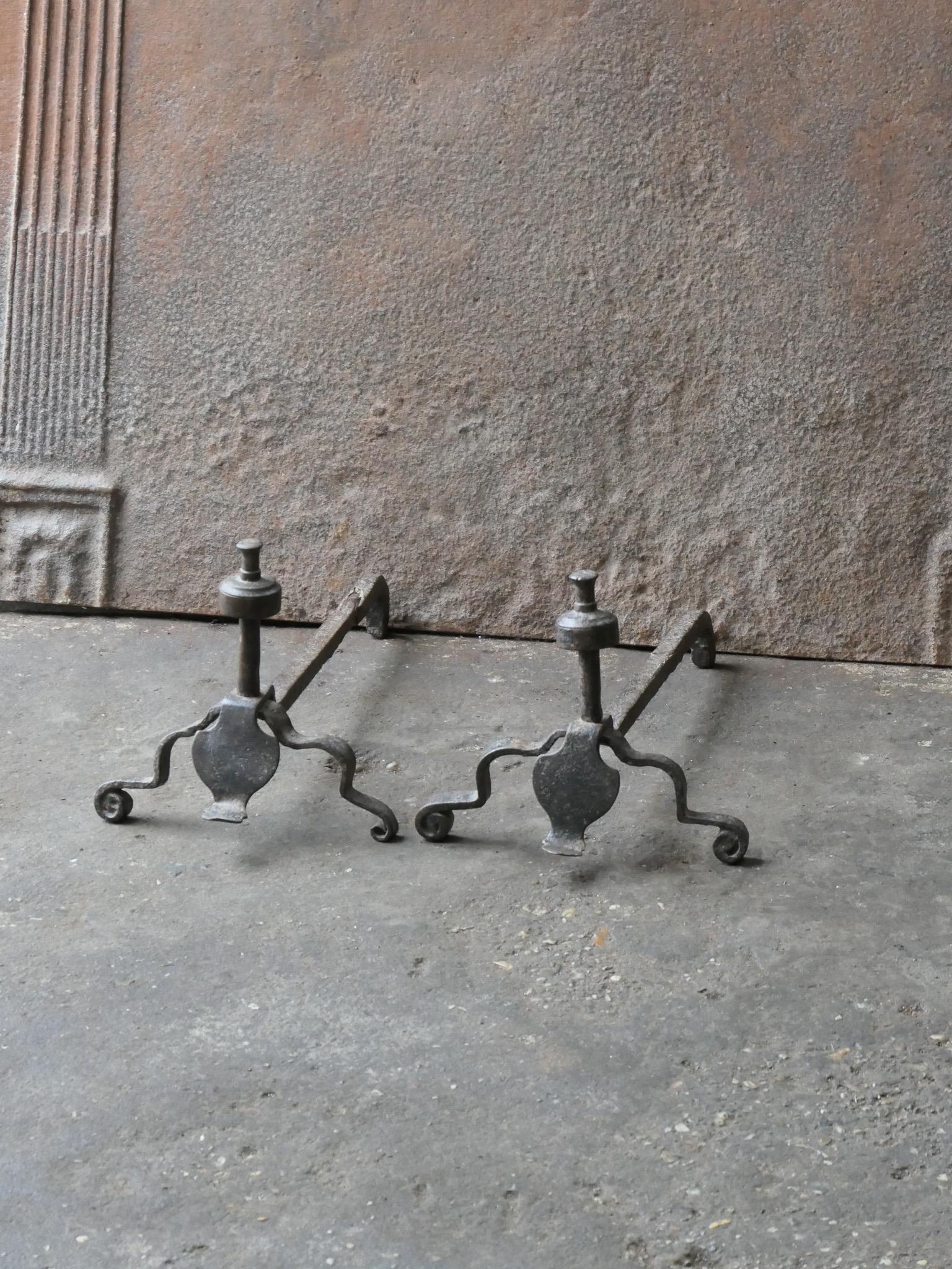 Forged French Louis XV Iron Andirons, 18th Century For Sale