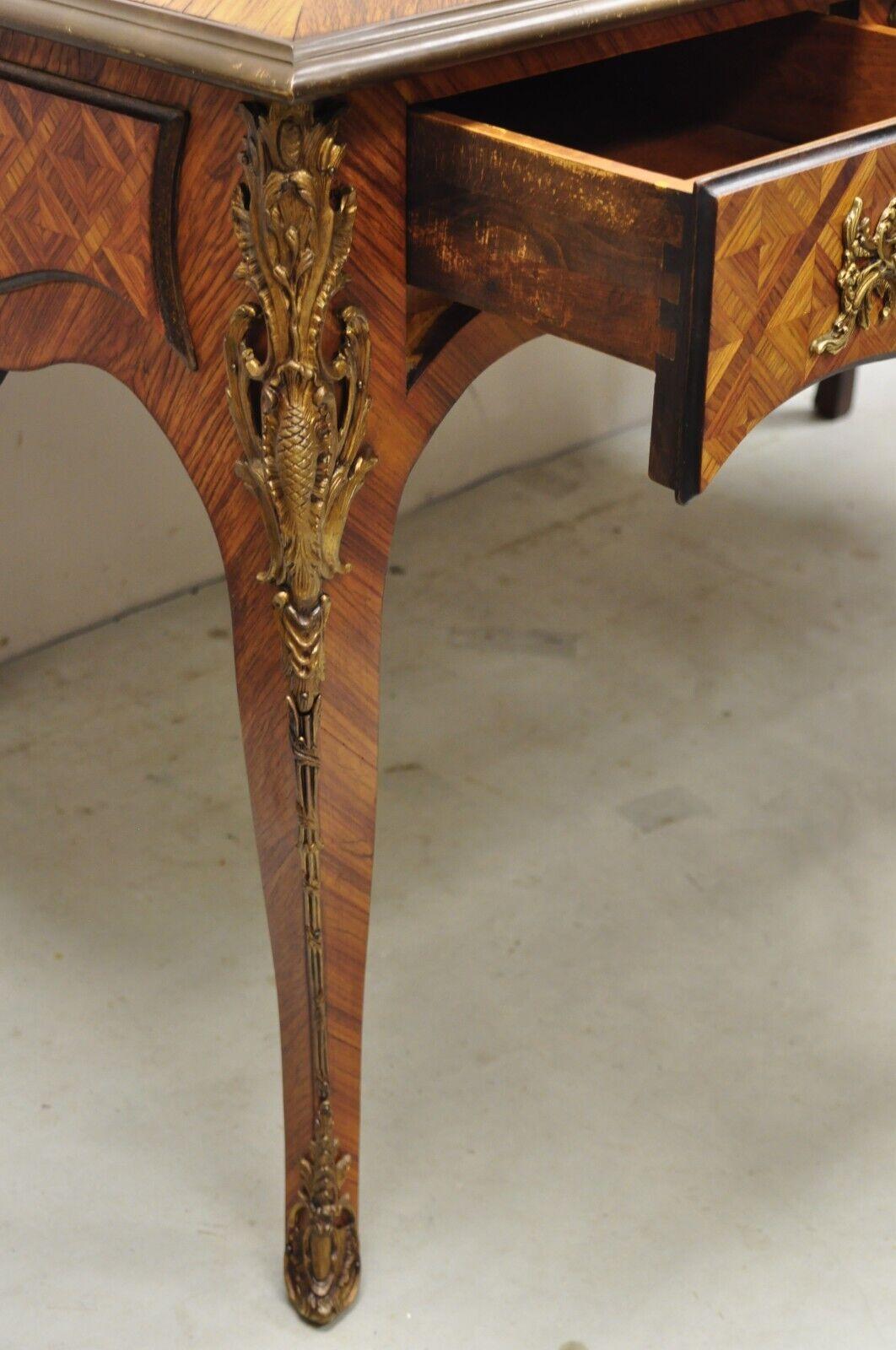 French Louis XV Italian Bronze Figural Ormolu Brown Leather Top Desk Bureau Plat For Sale 5