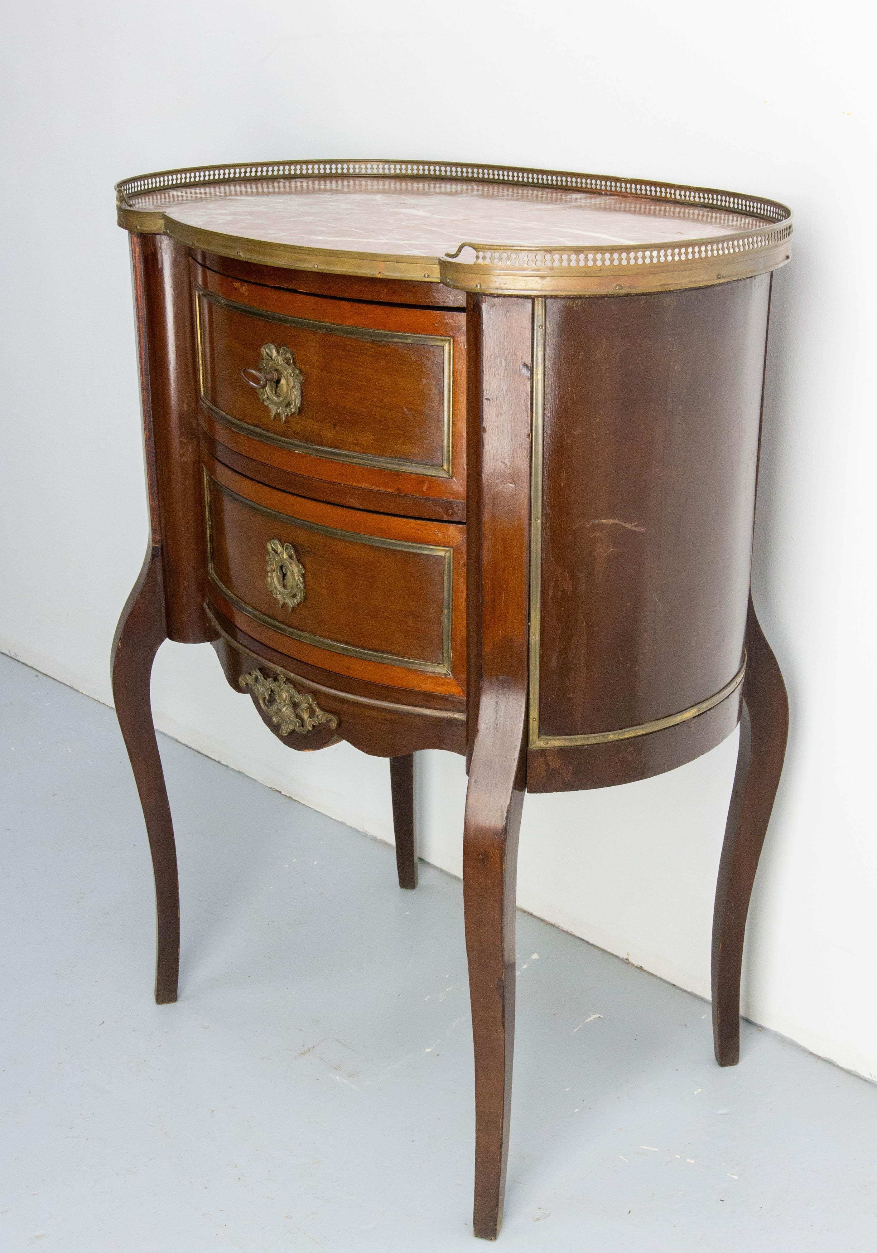 20th Century French Louis XV Kidney Style Iroko & Marble Top Little Chest of Drawers, c 1960 For Sale