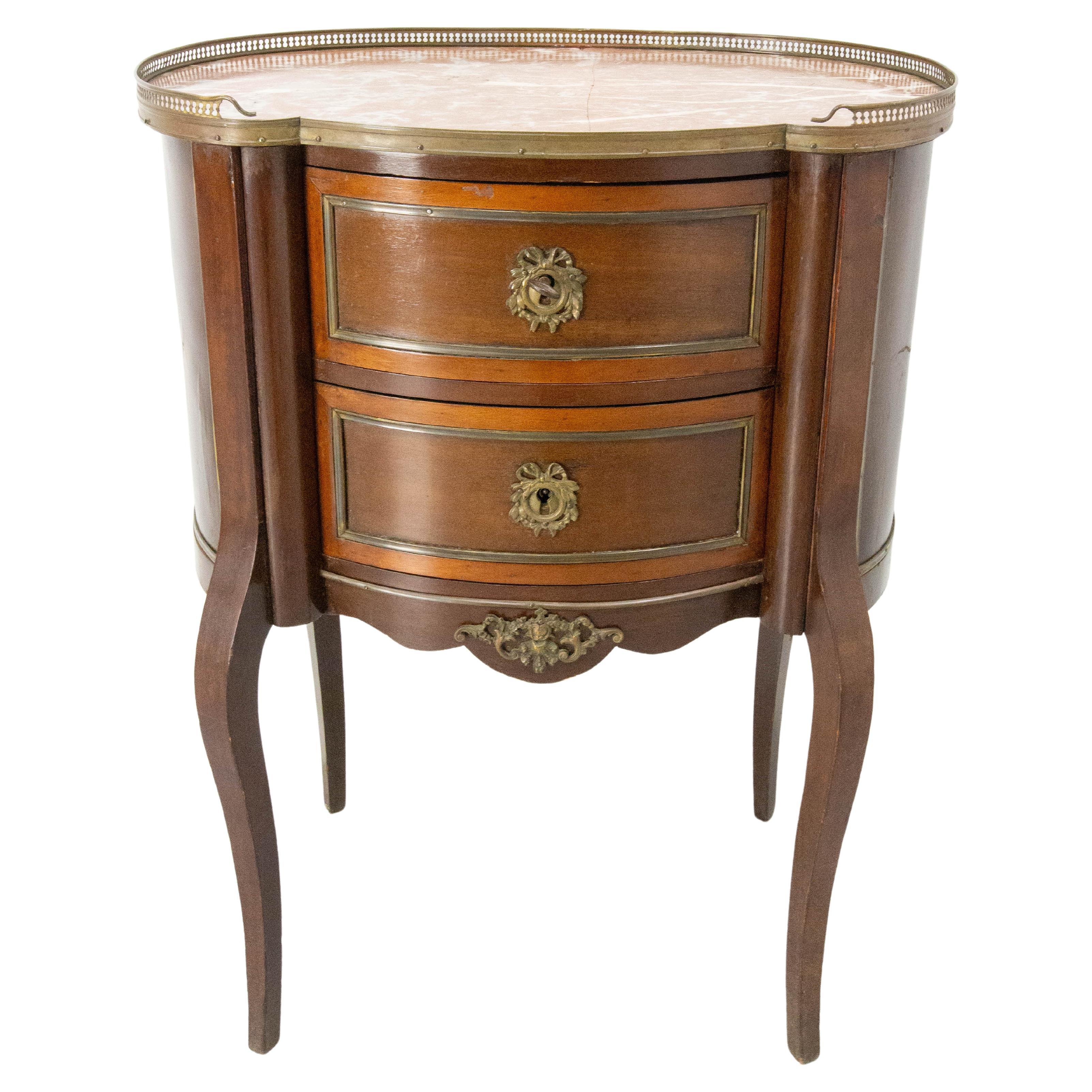 French Louis XV Kidney Style Iroko & Marble Top Little Chest of Drawers, c 1960