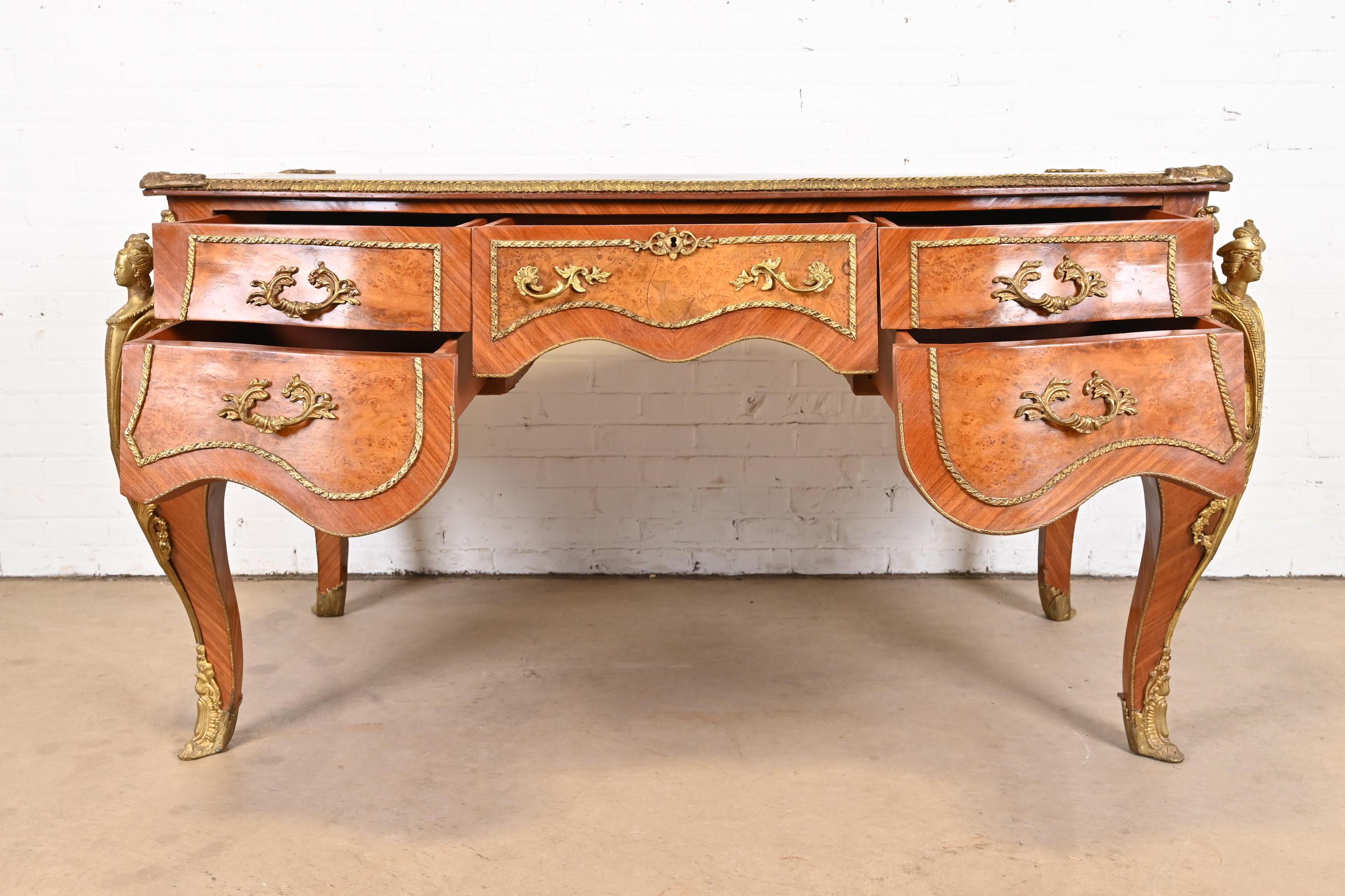 French Louis XV Kingwood and Burl Wood Bureau Plat Leather Top Desk with Ormolu For Sale 5