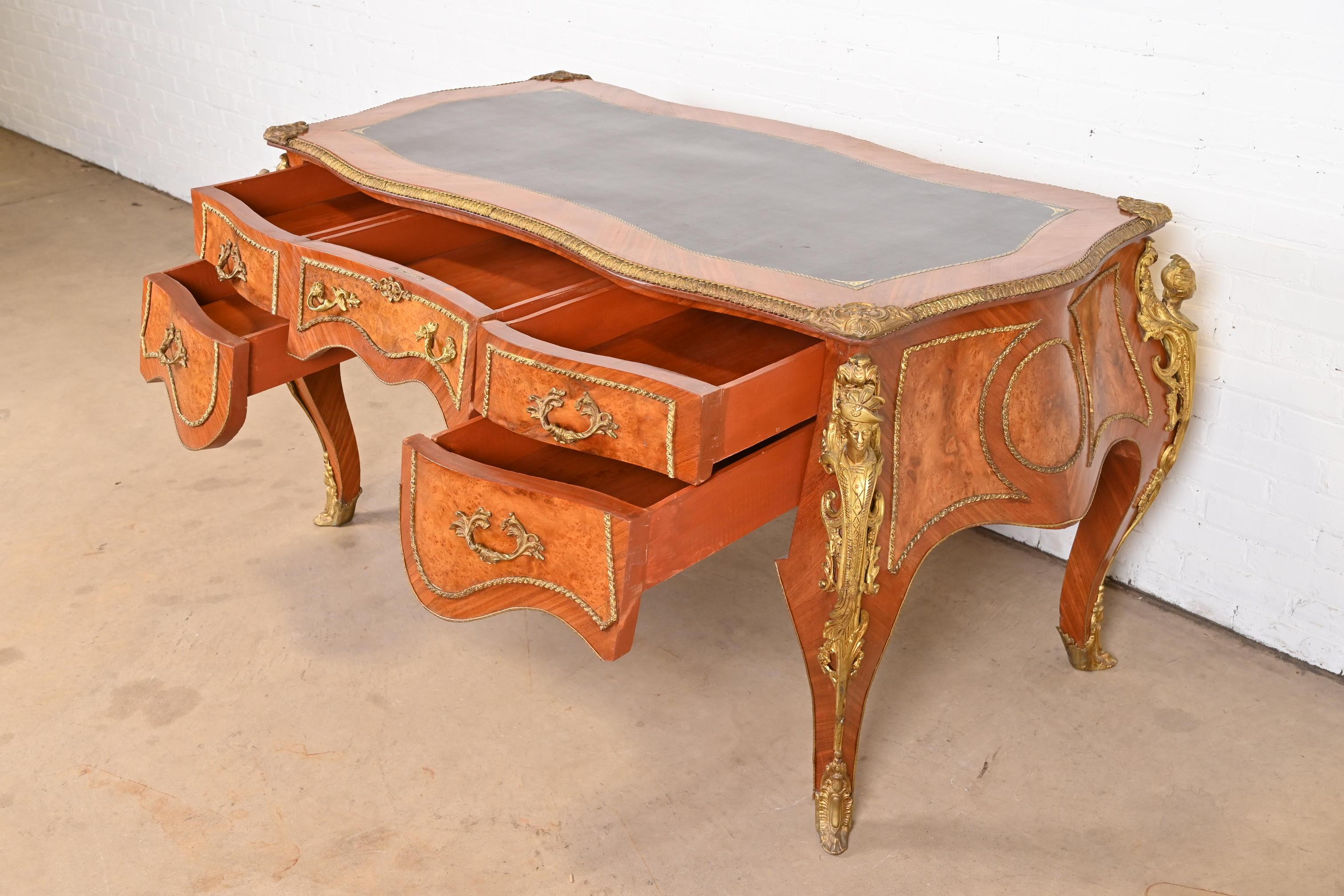 French Louis XV Kingwood and Burl Wood Bureau Plat Leather Top Desk with Ormolu For Sale 6