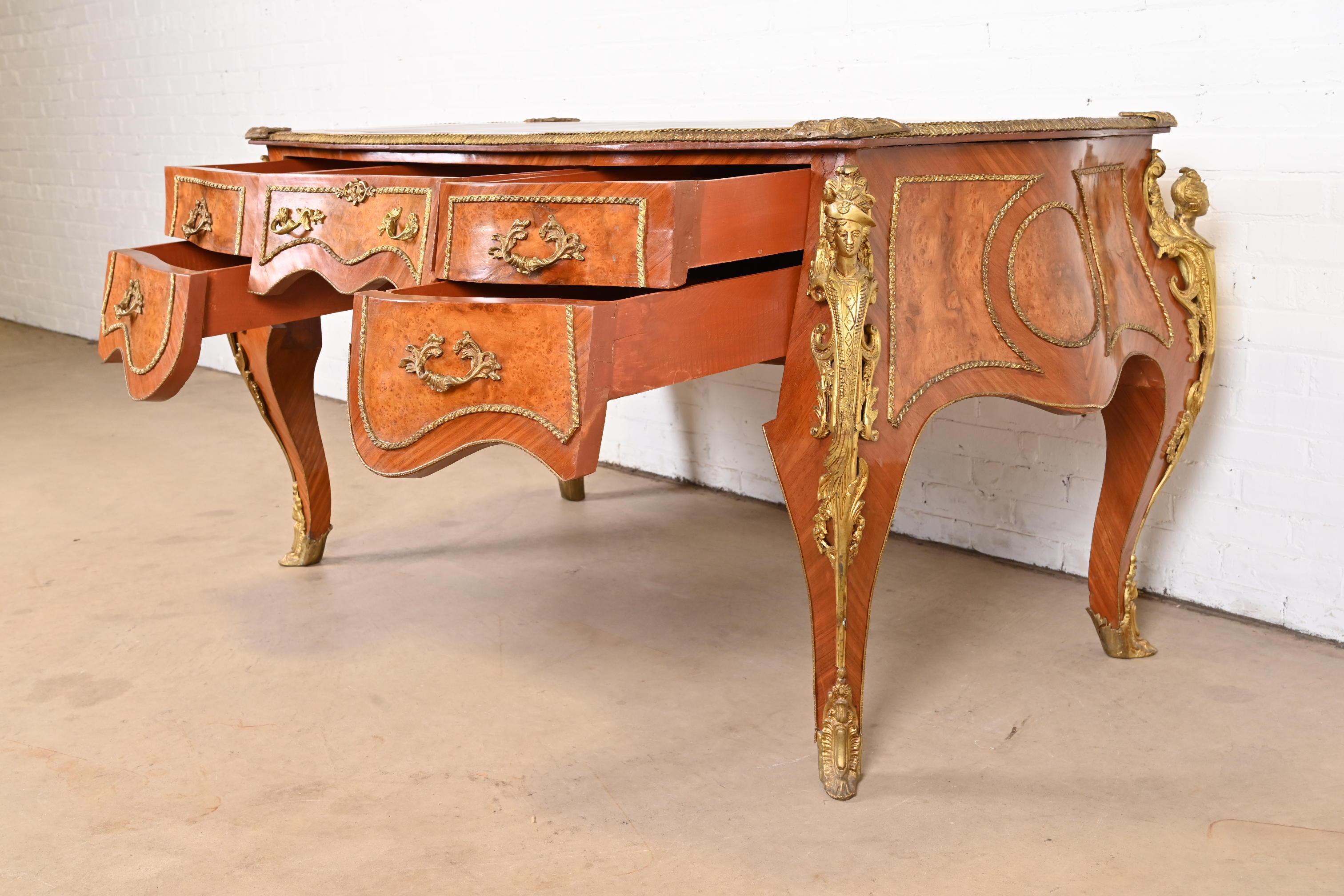 French Louis XV Kingwood and Burl Wood Bureau Plat Leather Top Desk with Ormolu For Sale 7