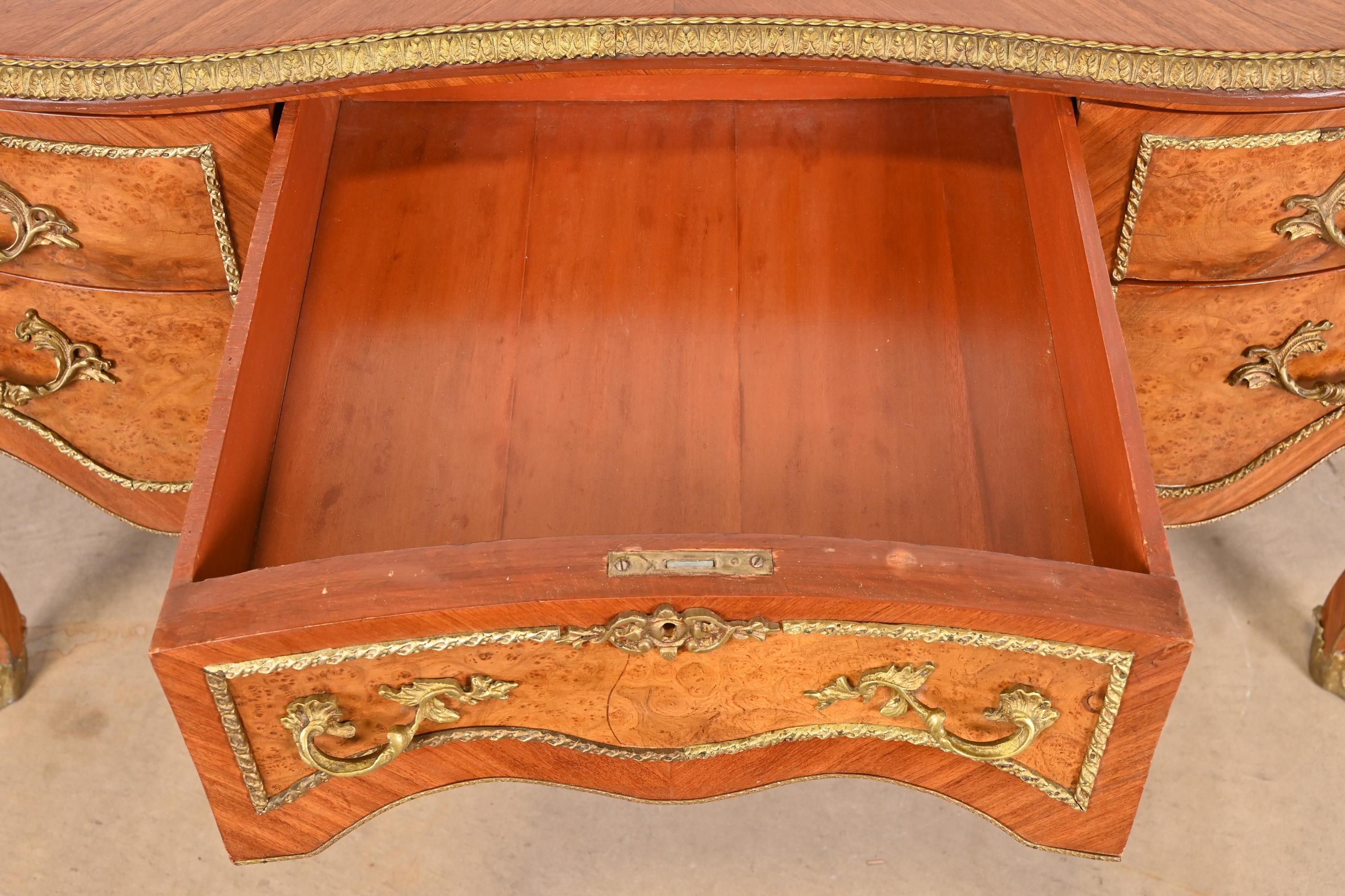 French Louis XV Kingwood and Burl Wood Bureau Plat Leather Top Desk with Ormolu For Sale 8