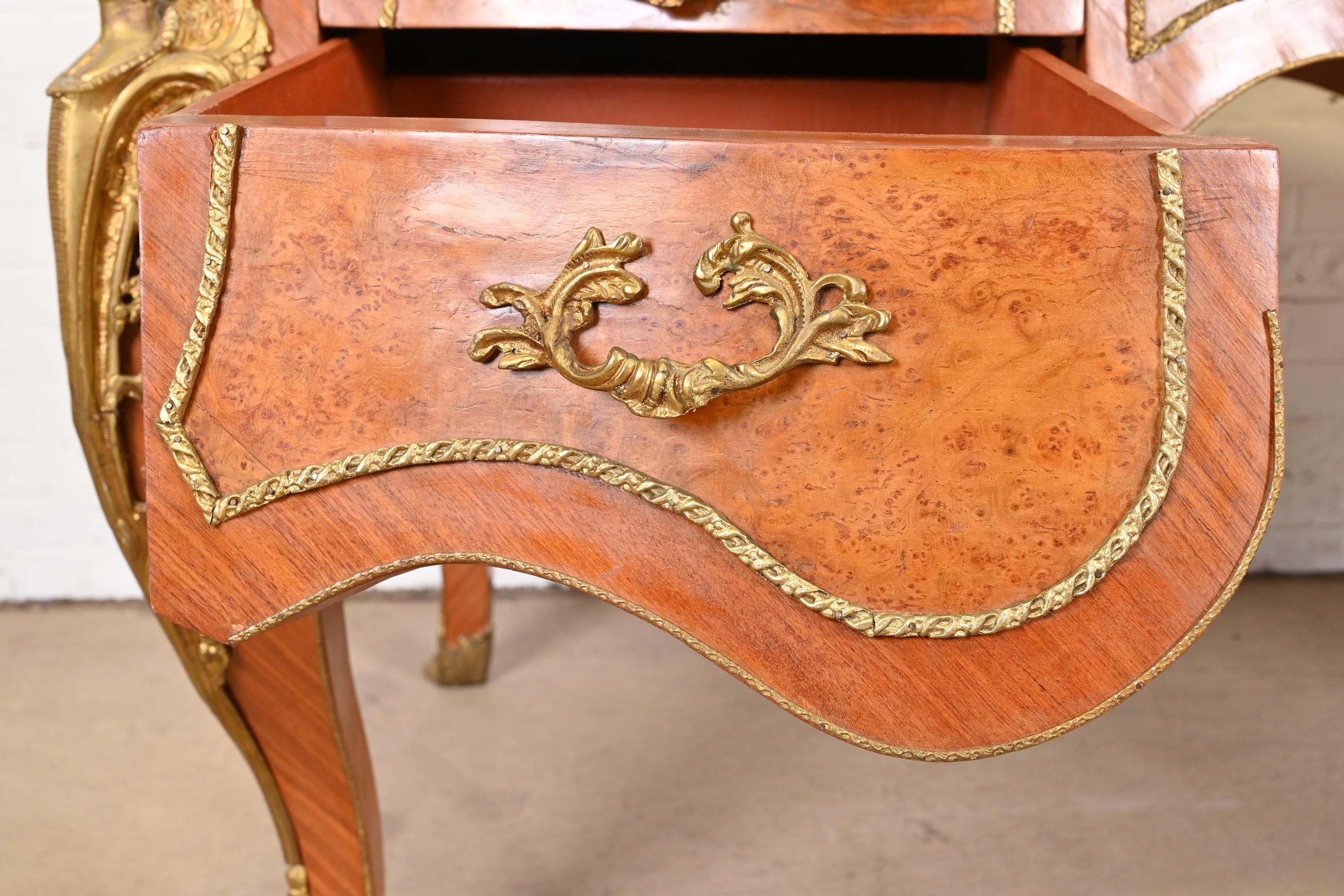 French Louis XV Kingwood and Burl Wood Bureau Plat Leather Top Desk with Ormolu For Sale 9