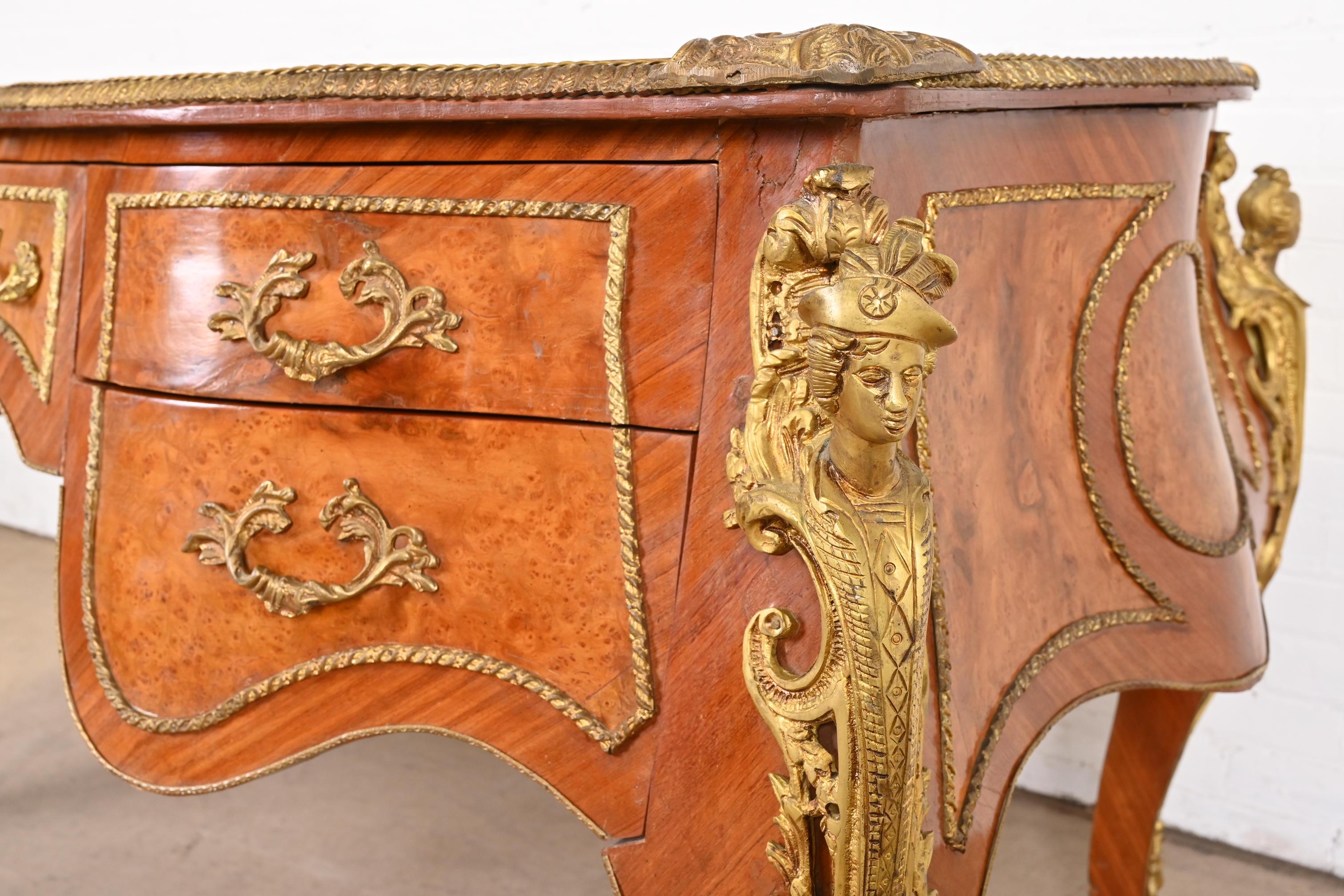 French Louis XV Kingwood and Burl Wood Bureau Plat Leather Top Desk with Ormolu For Sale 10