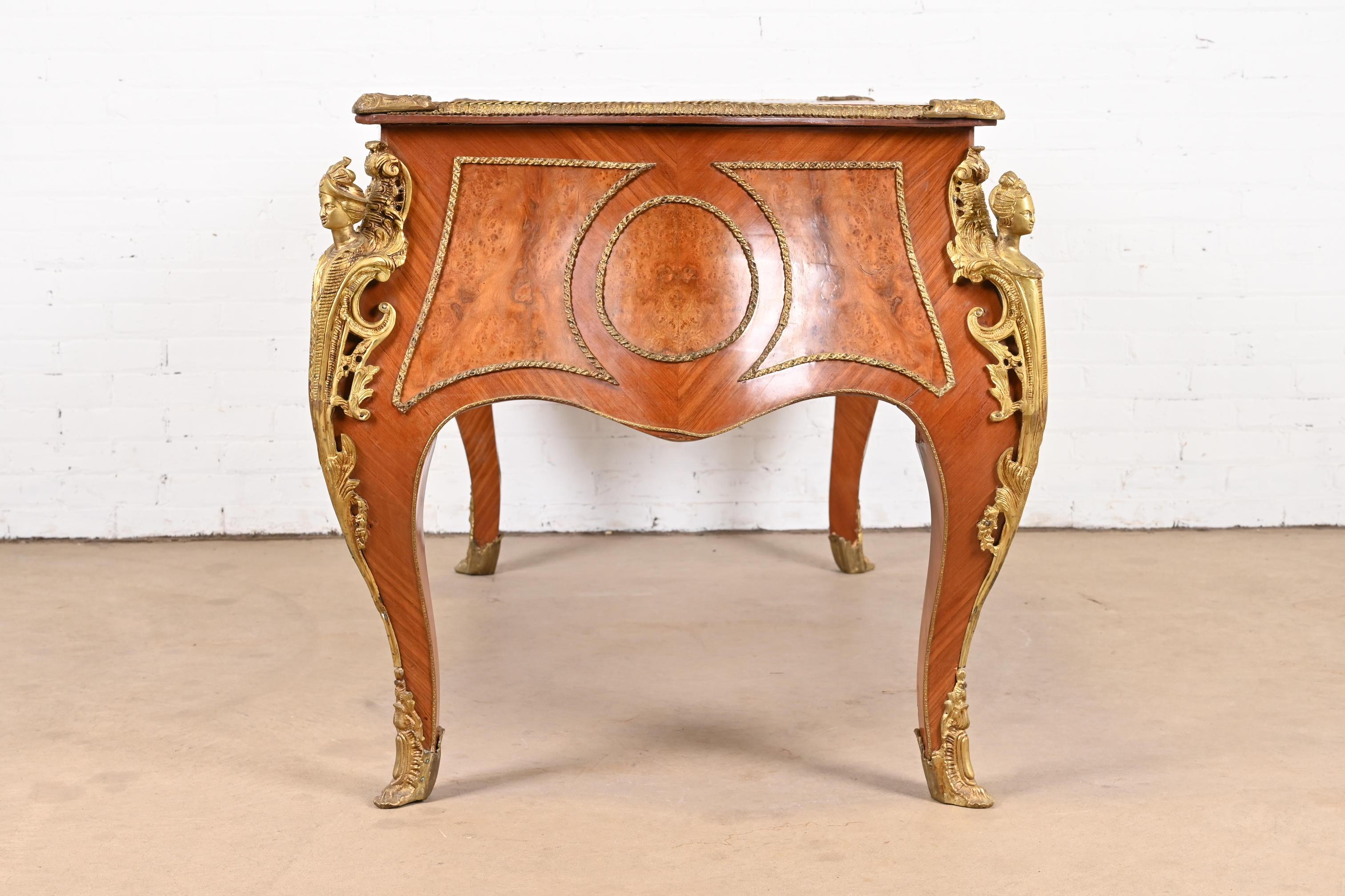 French Louis XV Kingwood and Burl Wood Bureau Plat Leather Top Desk with Ormolu For Sale 13