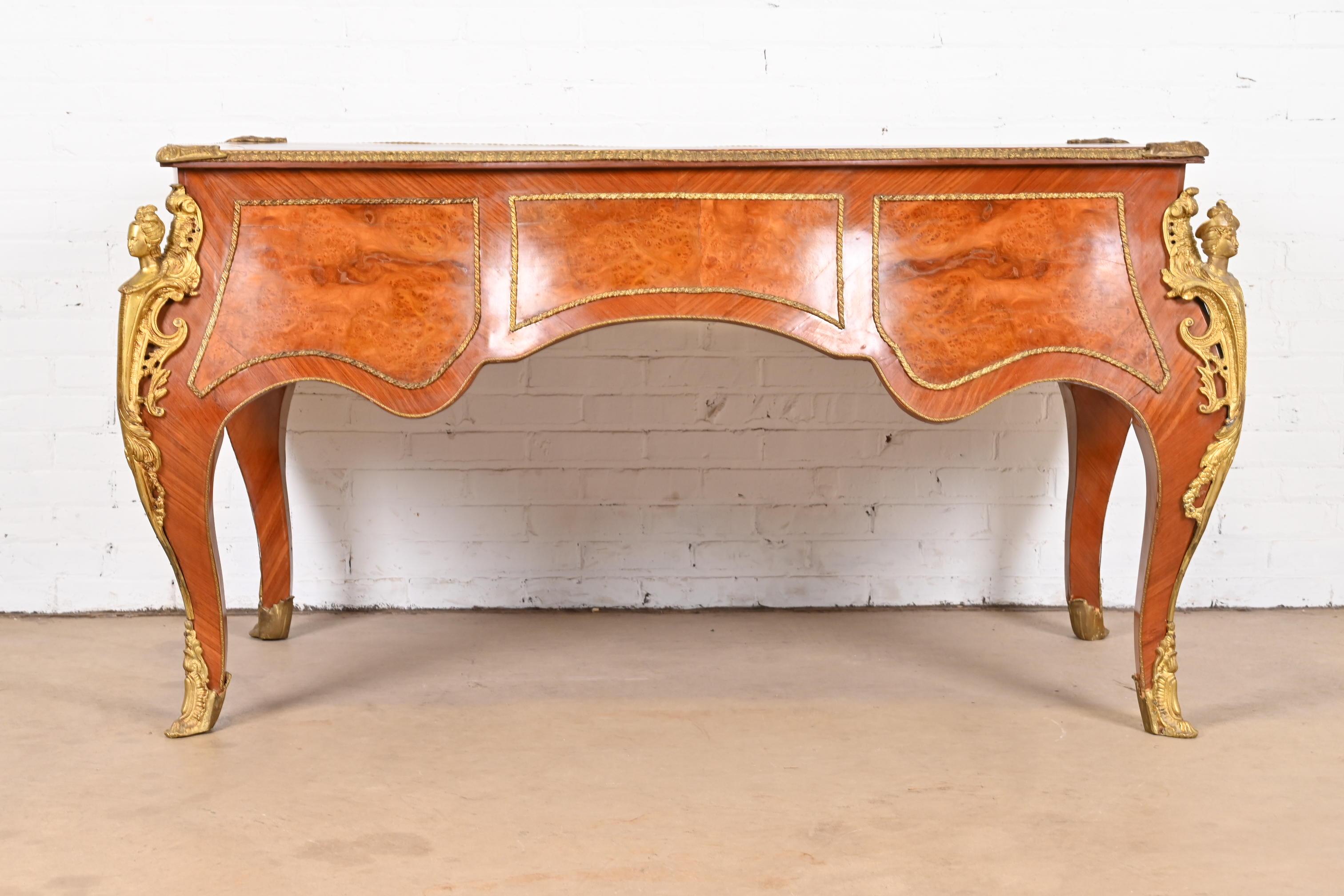 French Louis XV Kingwood and Burl Wood Bureau Plat Leather Top Desk with Ormolu For Sale 14