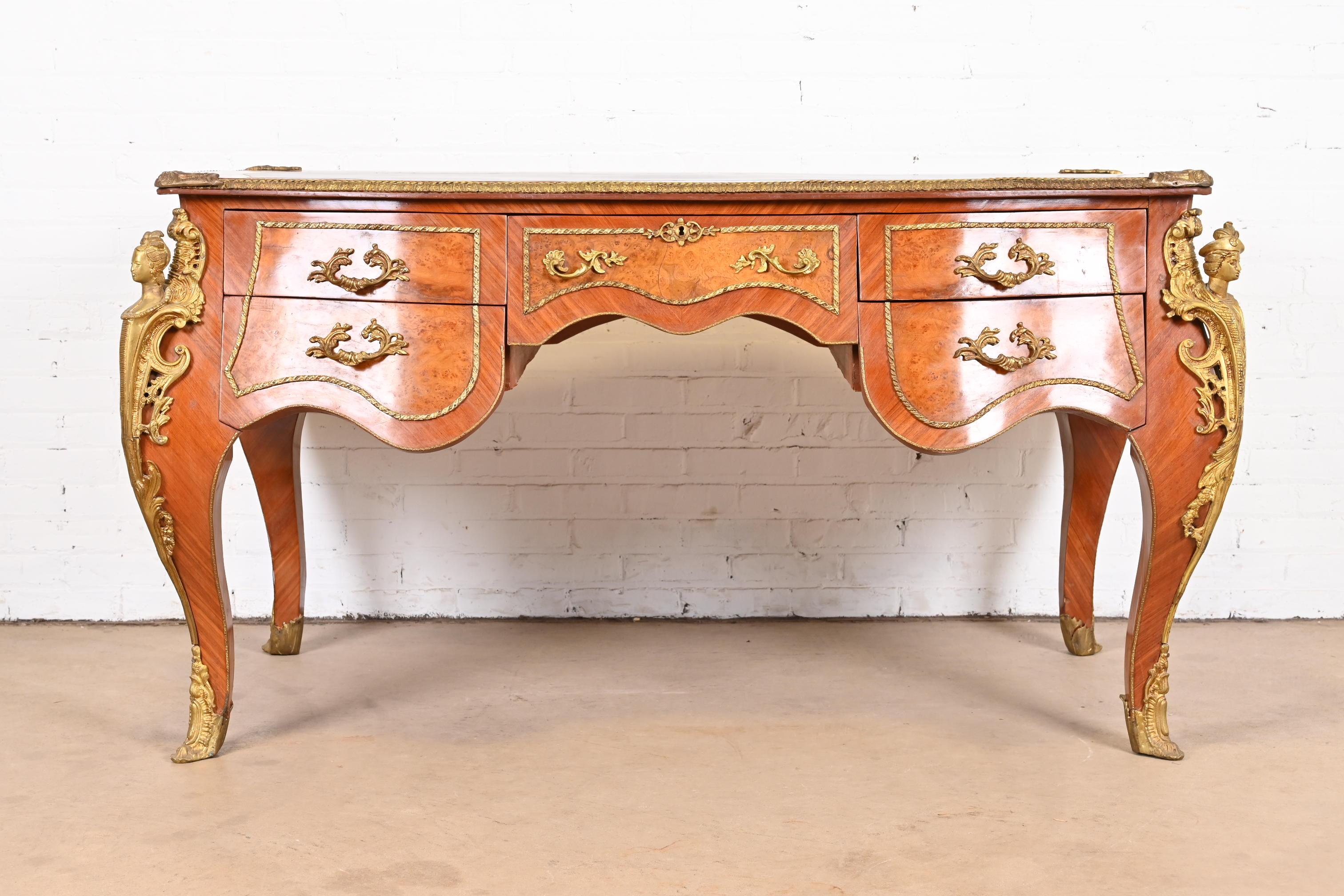 French Louis XV Kingwood and Burl Wood Bureau Plat Leather Top Desk with Ormolu In Good Condition For Sale In South Bend, IN