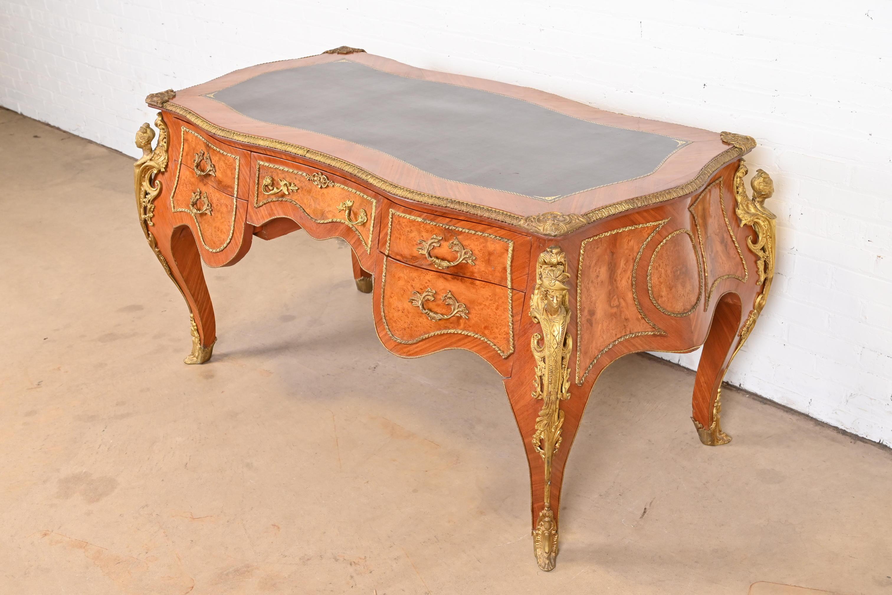 20th Century French Louis XV Kingwood and Burl Wood Bureau Plat Leather Top Desk with Ormolu For Sale