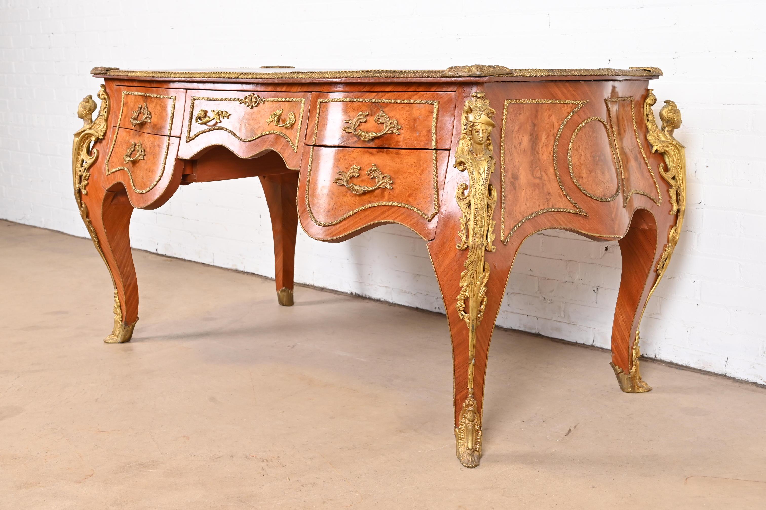 Bronze French Louis XV Kingwood and Burl Wood Bureau Plat Leather Top Desk with Ormolu For Sale