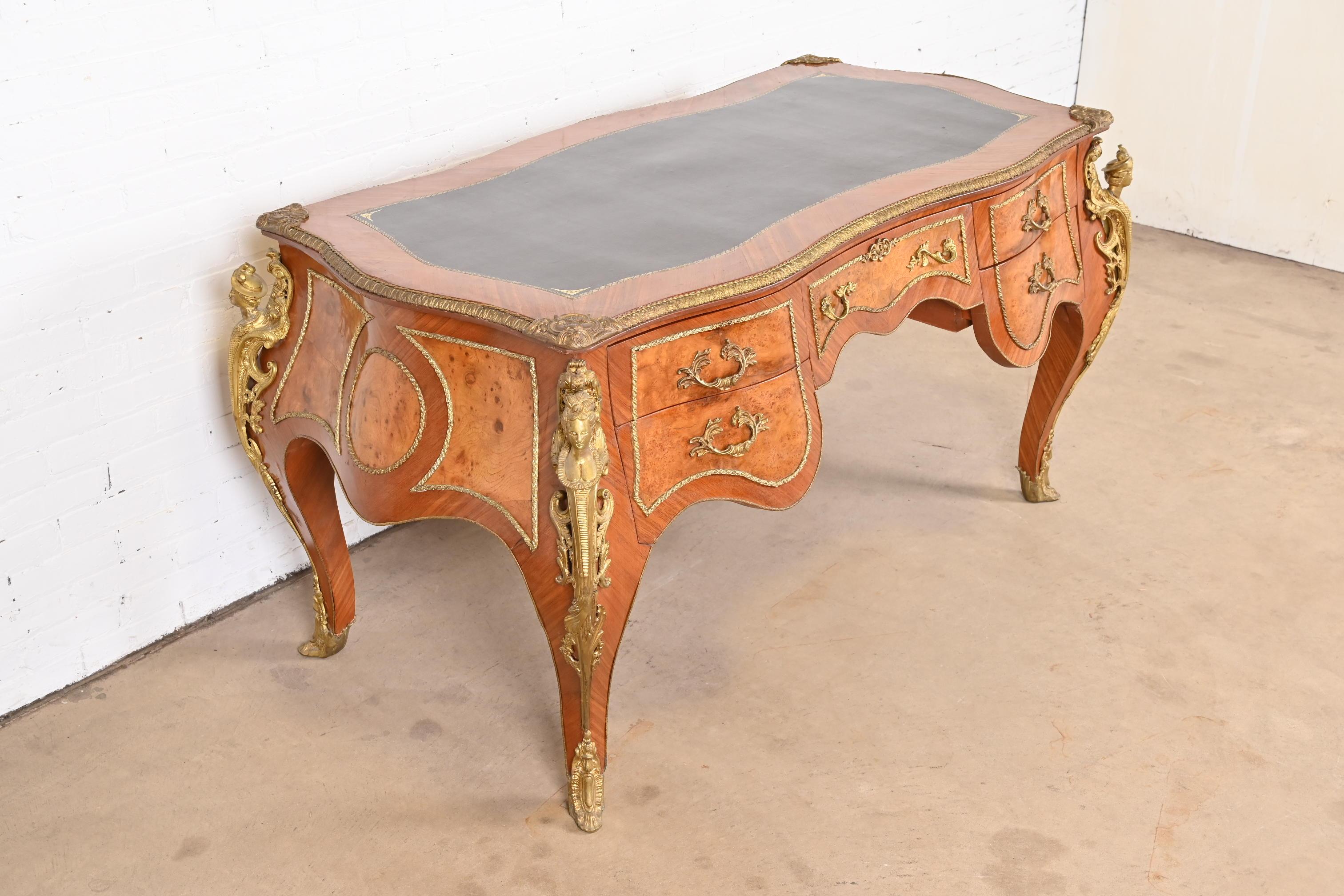 French Louis XV Kingwood and Burl Wood Bureau Plat Leather Top Desk with Ormolu For Sale 1
