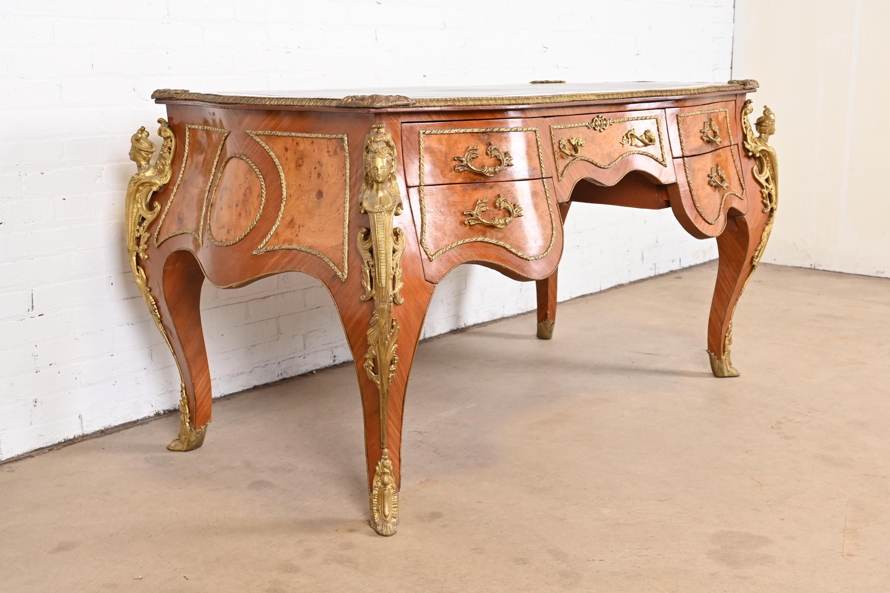 French Louis XV Kingwood and Burl Wood Bureau Plat Leather Top Desk with Ormolu For Sale 2
