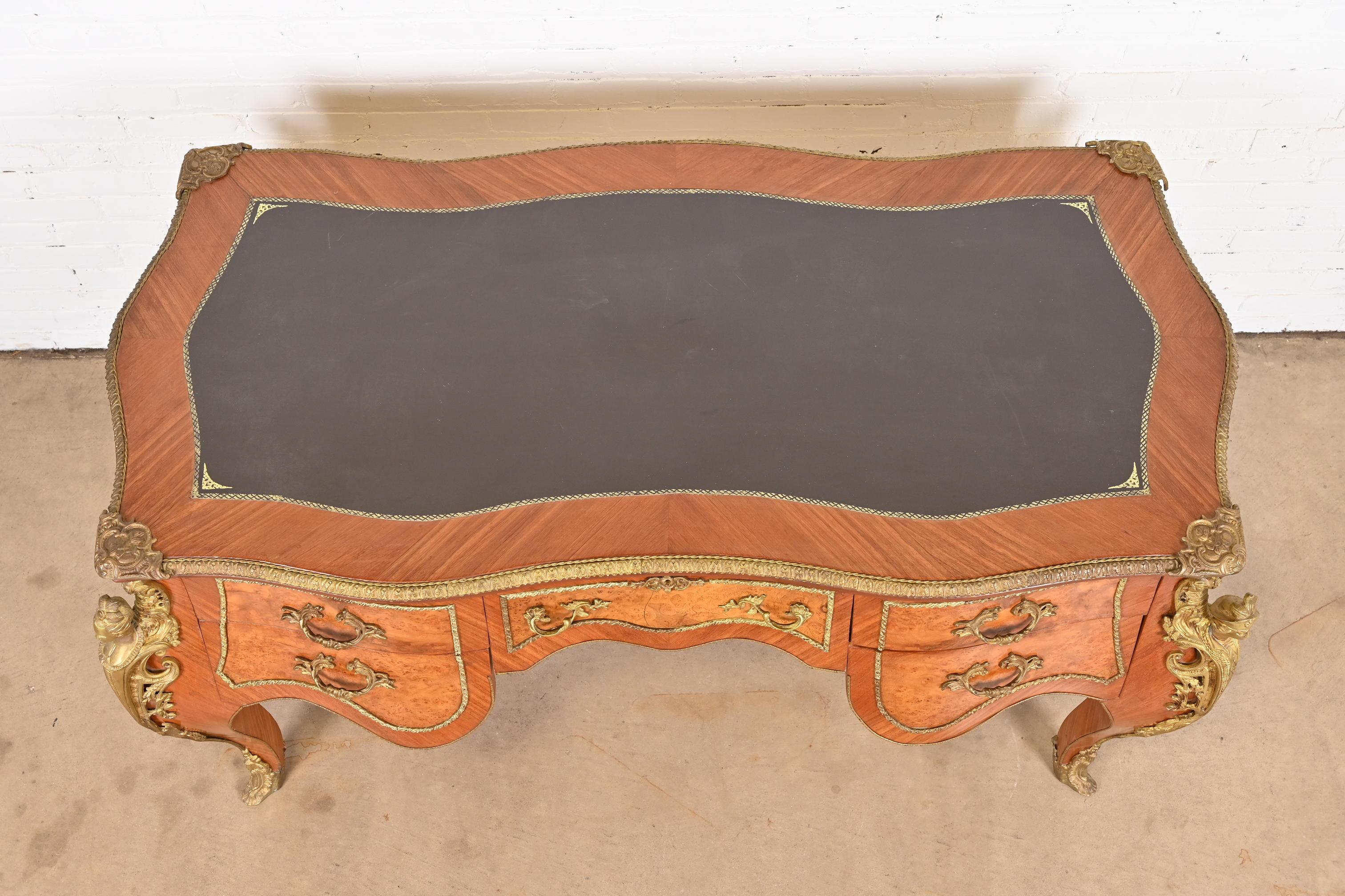 French Louis XV Kingwood and Burl Wood Bureau Plat Leather Top Desk with Ormolu For Sale 3