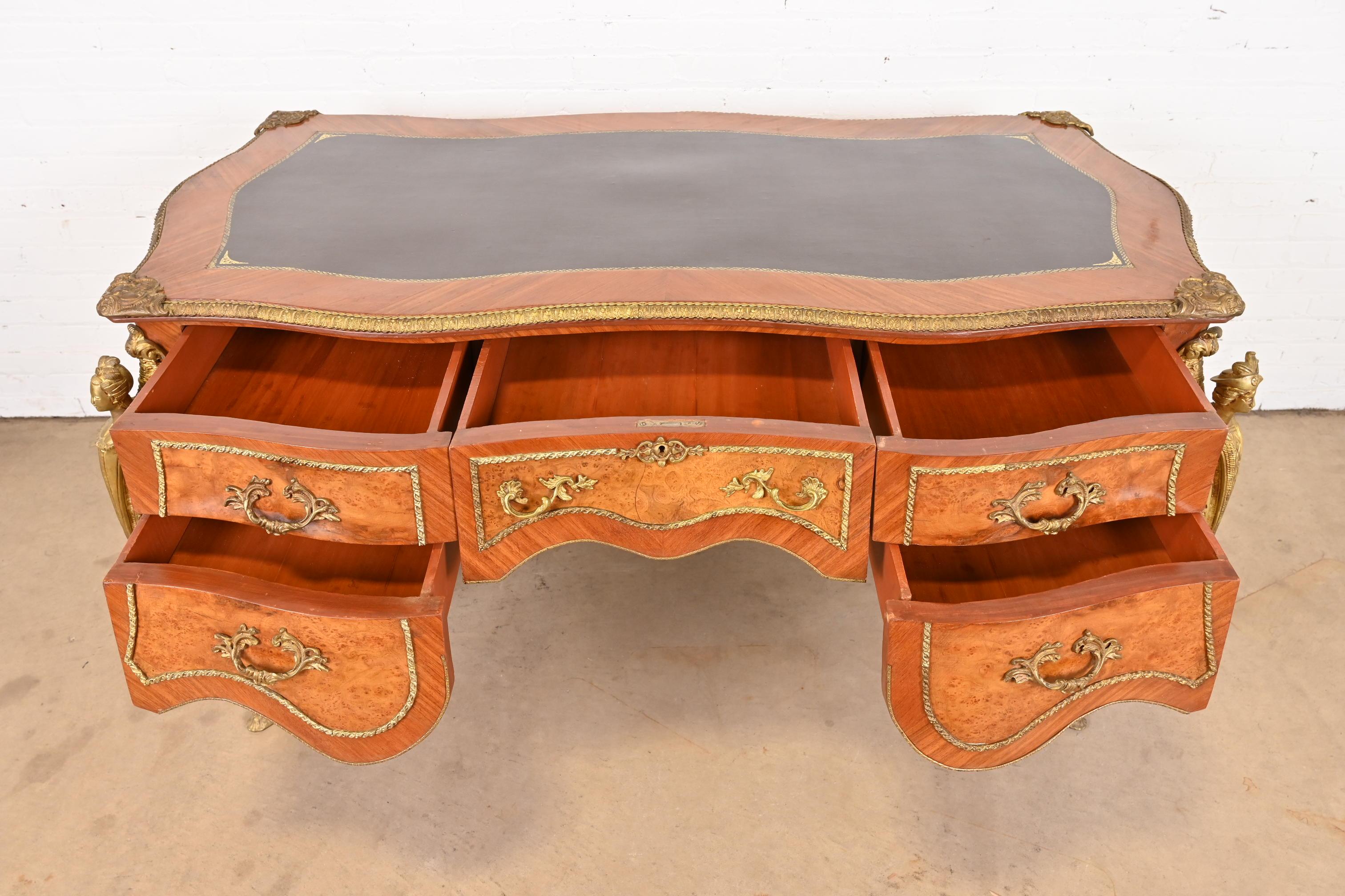 French Louis XV Kingwood and Burl Wood Bureau Plat Leather Top Desk with Ormolu For Sale 4