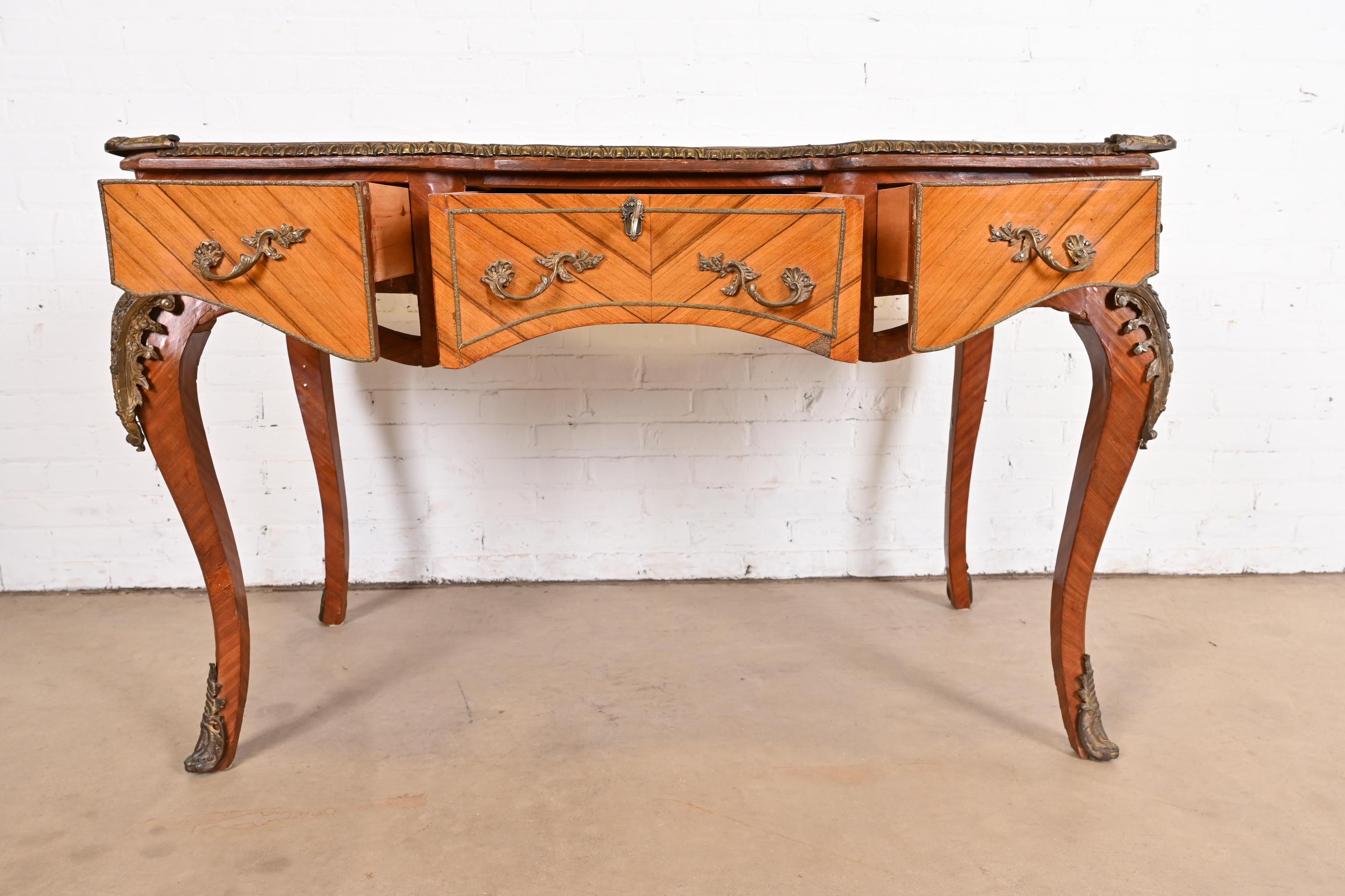 French Louis XV Kingwood Bureau Plat Leather Top Desk With Mounted Bronze Ormolu For Sale 7