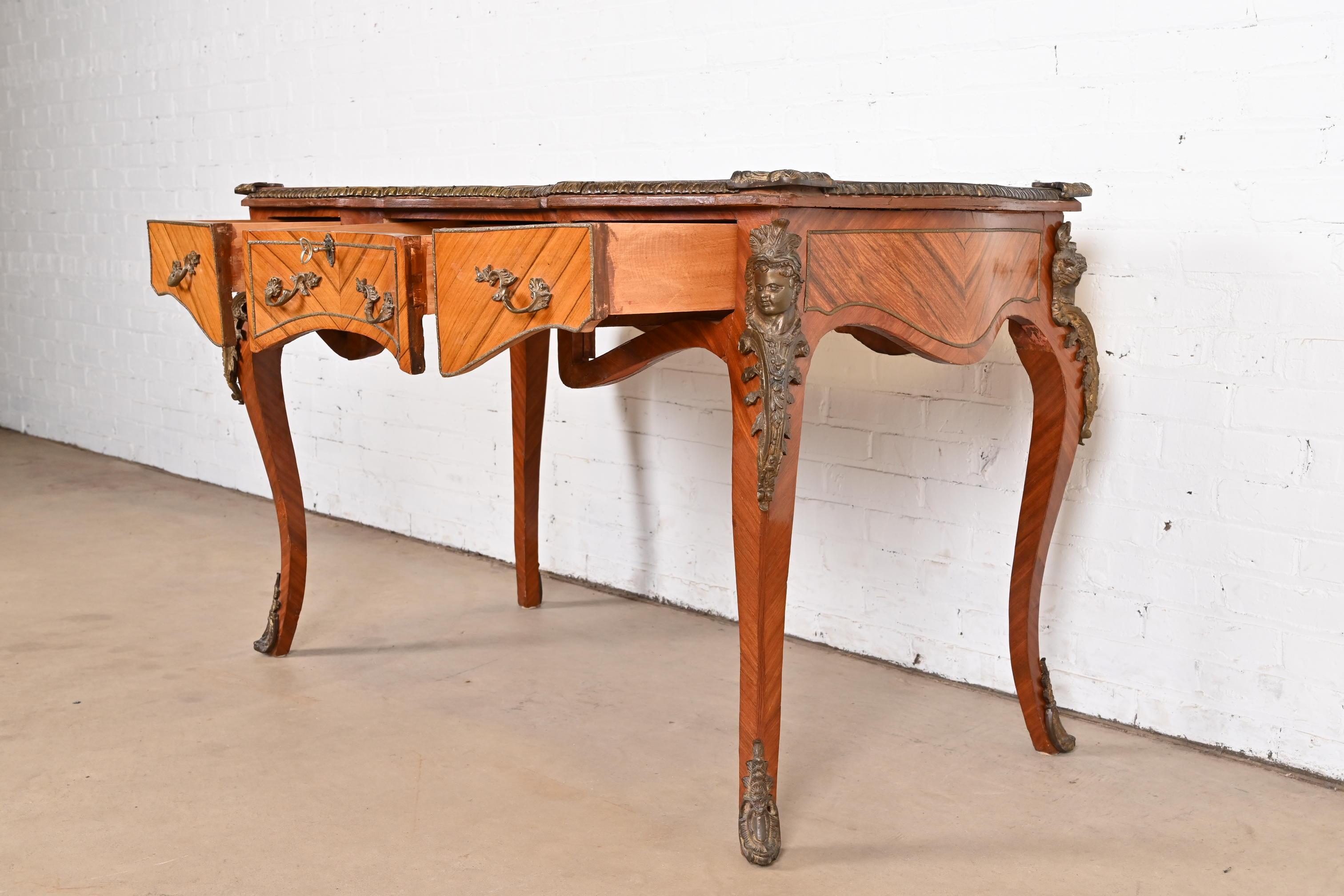 French Louis XV Kingwood Bureau Plat Leather Top Desk With Mounted Bronze Ormolu For Sale 8