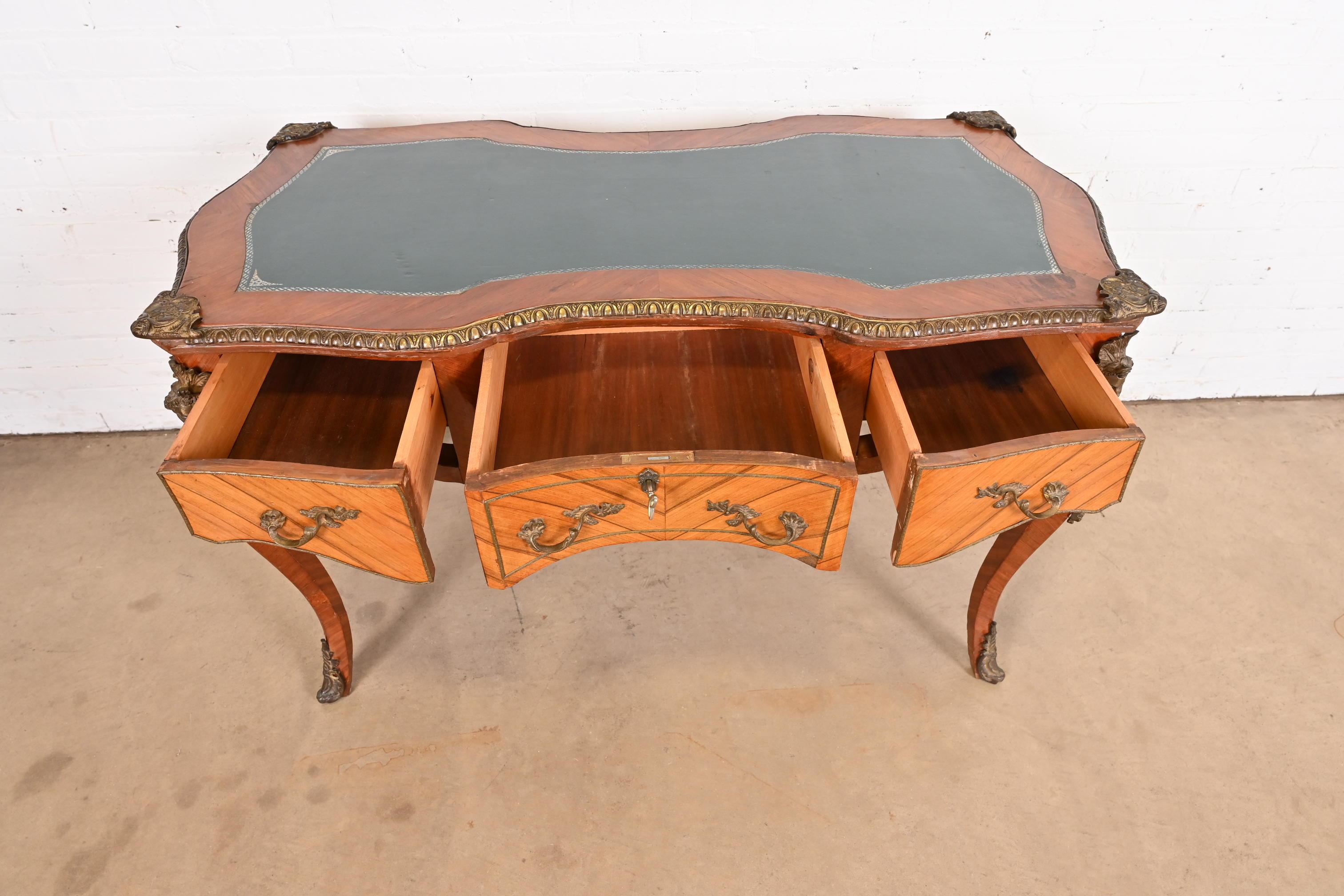 French Louis XV Kingwood Bureau Plat Leather Top Desk With Mounted Bronze Ormolu For Sale 9