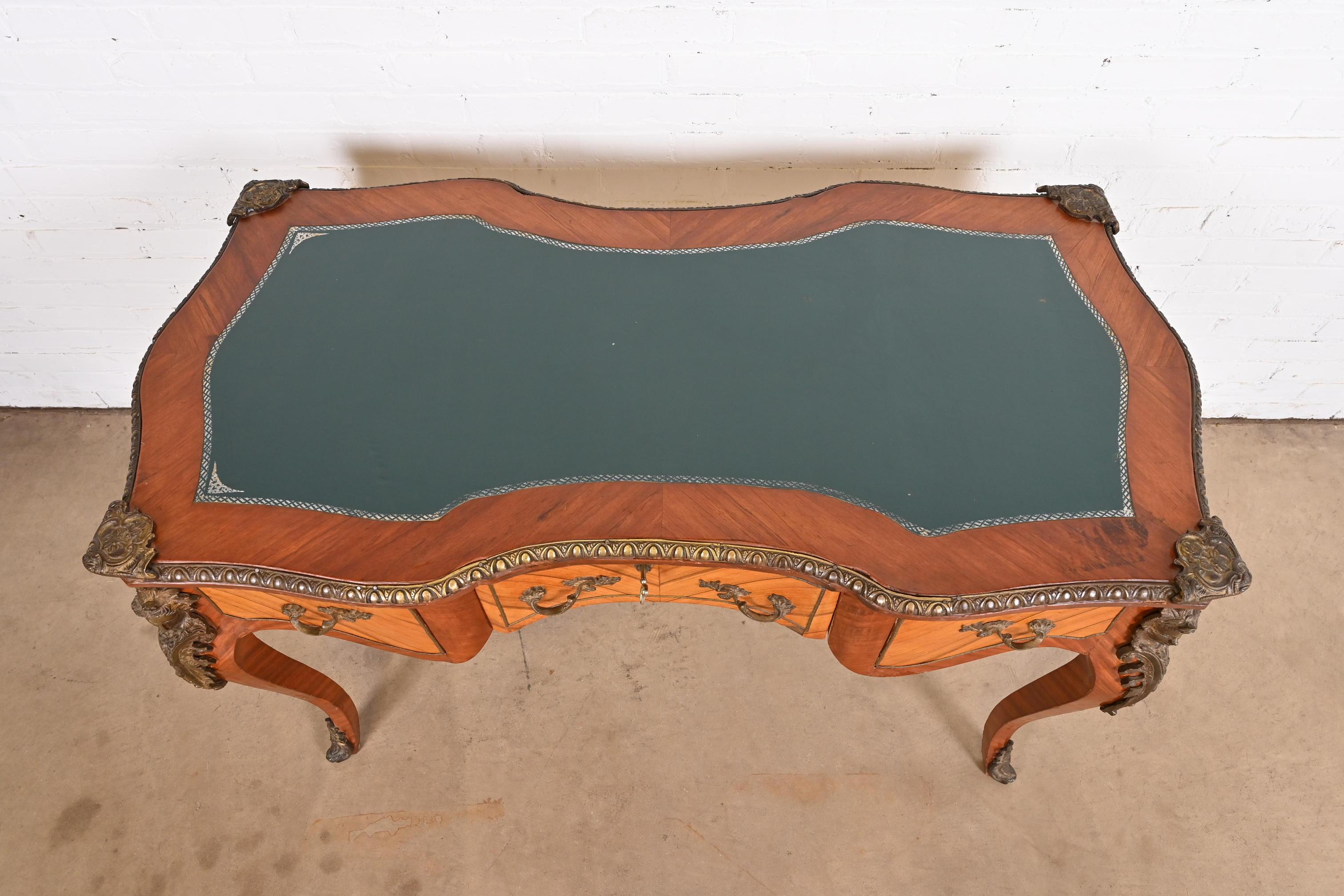 French Louis XV Kingwood Bureau Plat Leather Top Desk With Mounted Bronze Ormolu For Sale 10