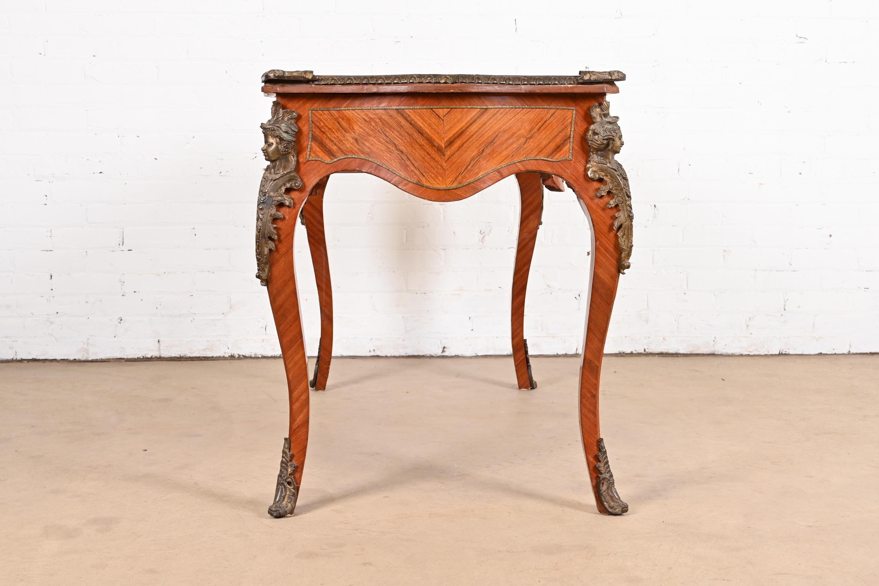French Louis XV Kingwood Bureau Plat Leather Top Desk With Mounted Bronze Ormolu For Sale 11