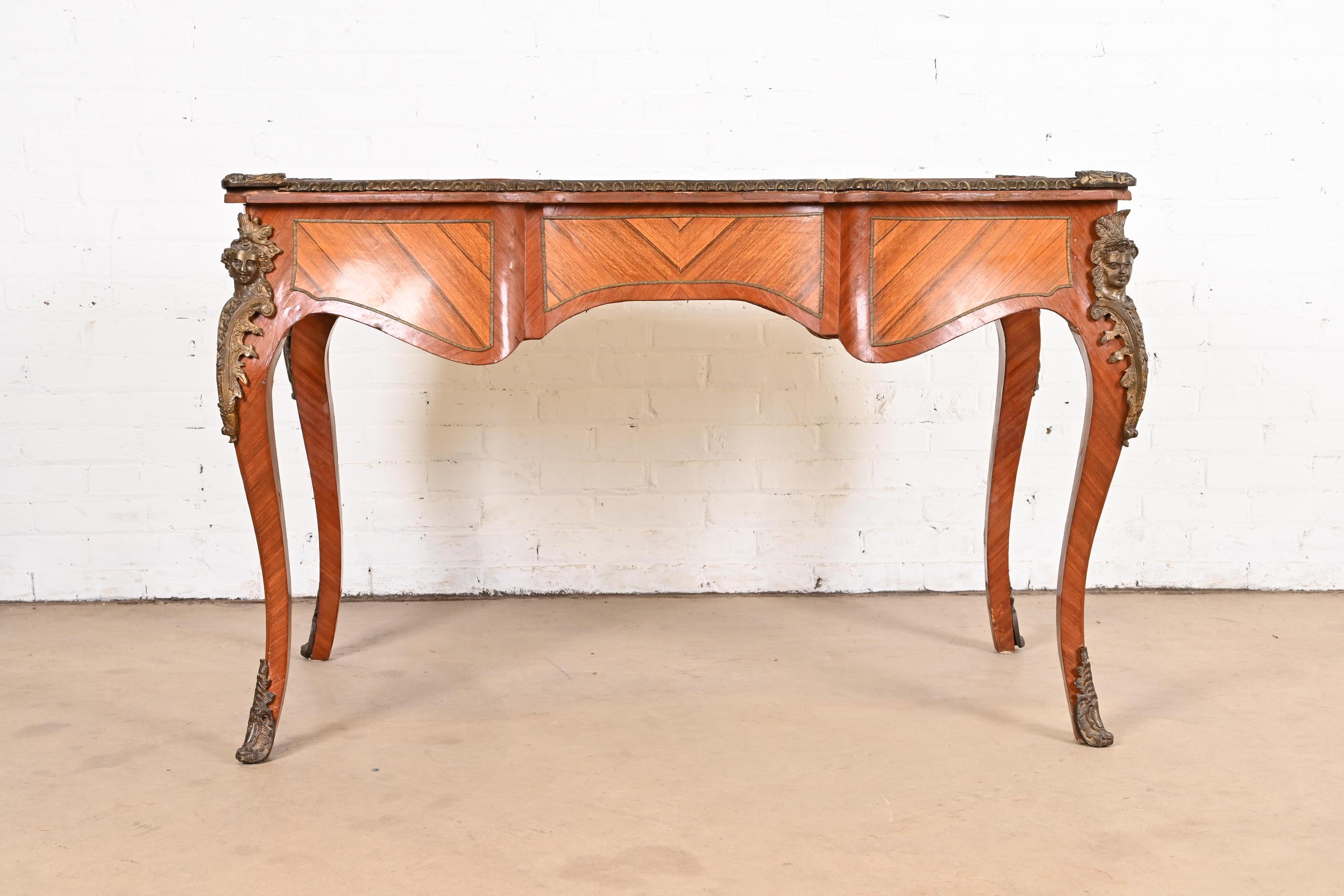 French Louis XV Kingwood Bureau Plat Leather Top Desk With Mounted Bronze Ormolu For Sale 12