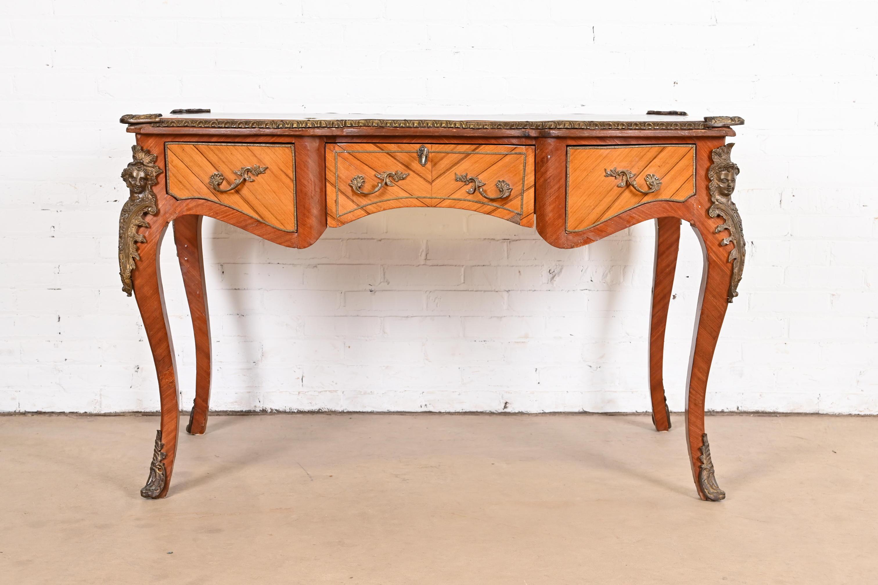 French Louis XV Kingwood Bureau Plat Leather Top Desk With Mounted Bronze Ormolu In Good Condition For Sale In South Bend, IN
