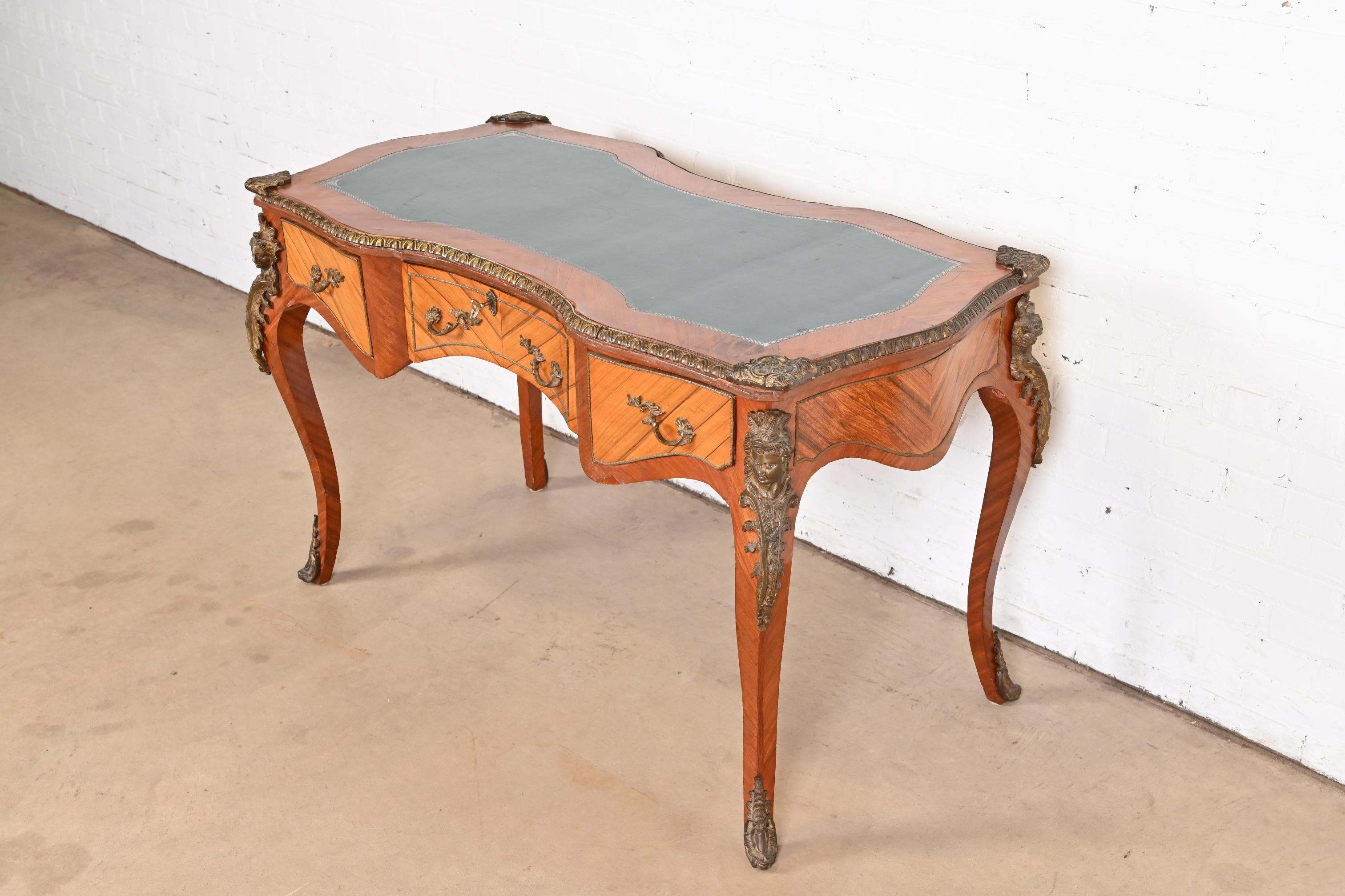 Mid-20th Century French Louis XV Kingwood Bureau Plat Leather Top Desk With Mounted Bronze Ormolu For Sale