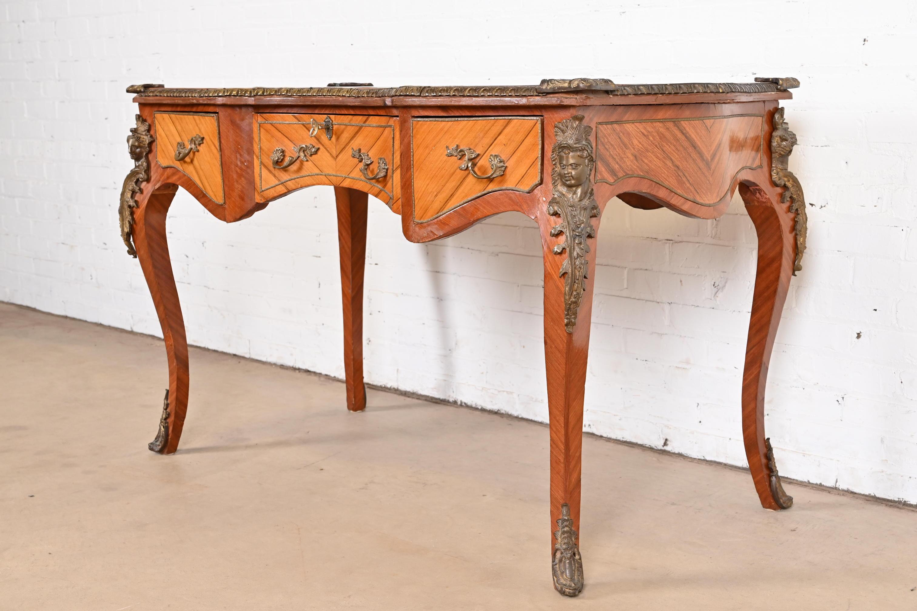 French Louis XV Kingwood Bureau Plat Leather Top Desk With Mounted Bronze Ormolu For Sale 1