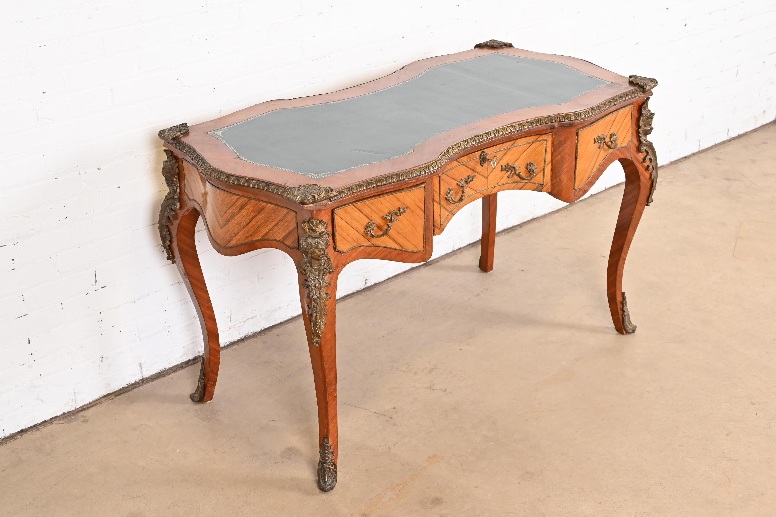 French Louis XV Kingwood Bureau Plat Leather Top Desk With Mounted Bronze Ormolu For Sale 2
