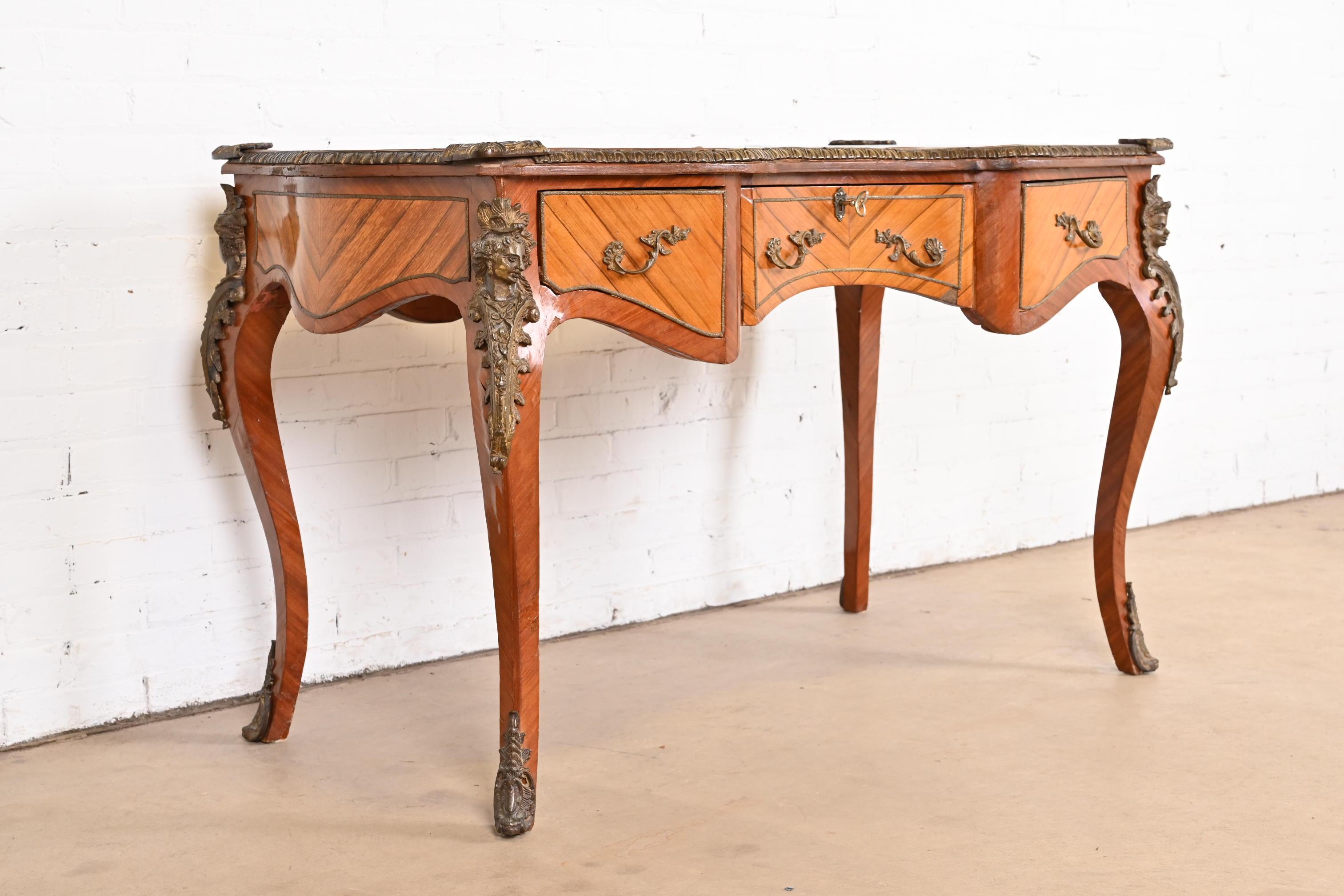 French Louis XV Kingwood Bureau Plat Leather Top Desk With Mounted Bronze Ormolu For Sale 3
