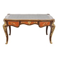 French Louis XV Kingwood Bureau Plat Leather Top Desk with Mounted Bronze Ormolu