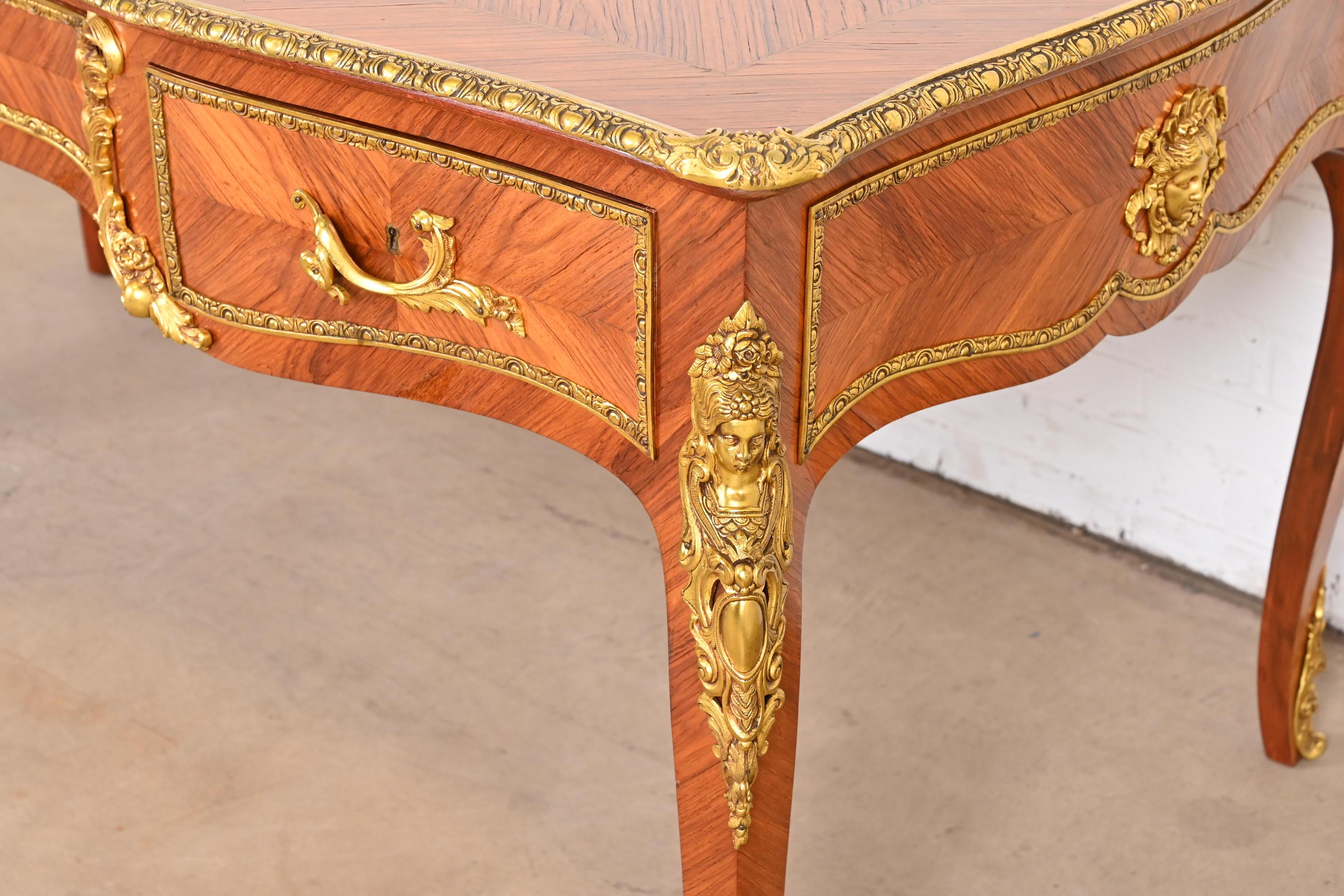 French Louis XV Kingwood Executive Bureau Plat Desk With Mounted Bronze Ormolu 7