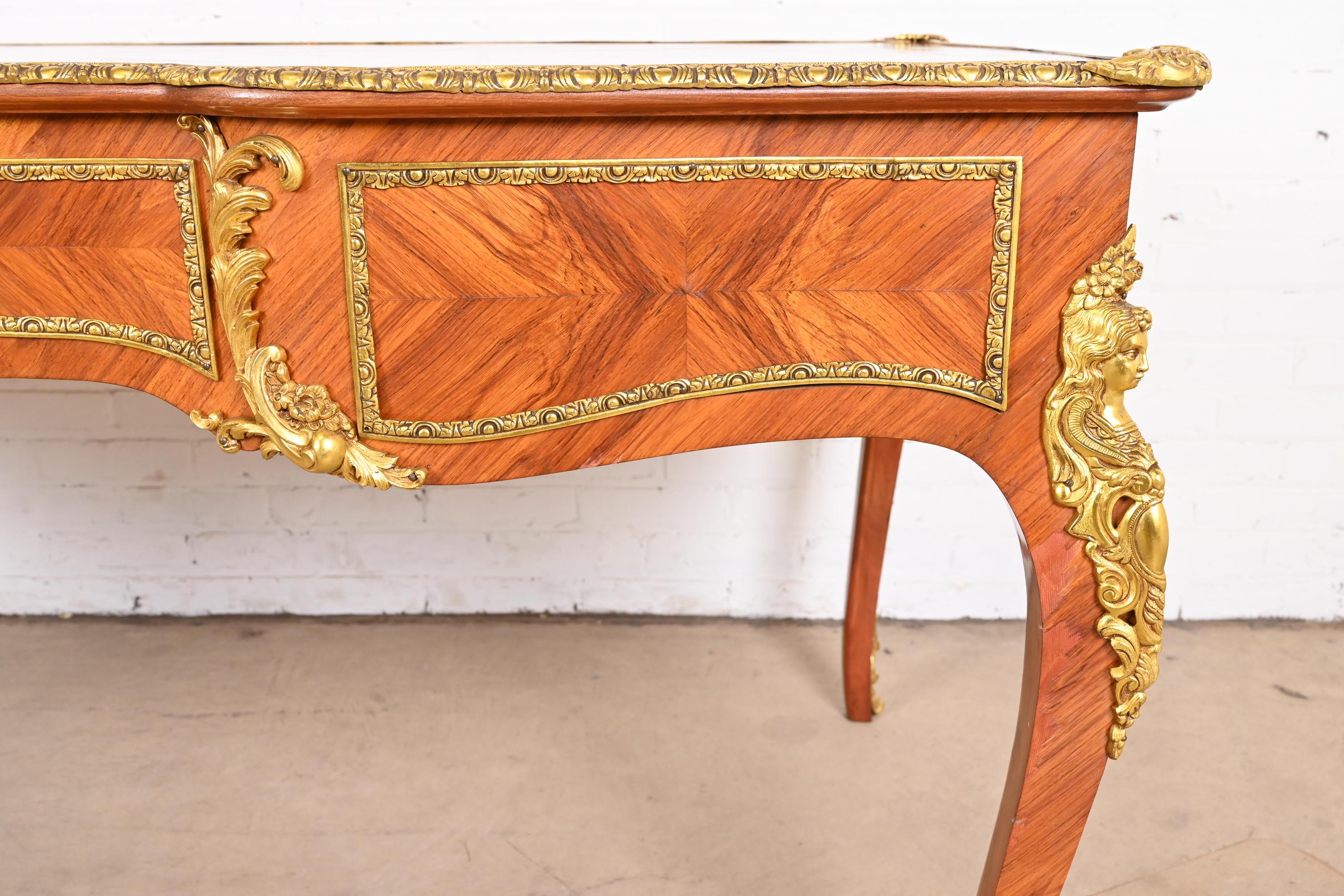 French Louis XV Kingwood Executive Bureau Plat Desk With Mounted Bronze Ormolu 12