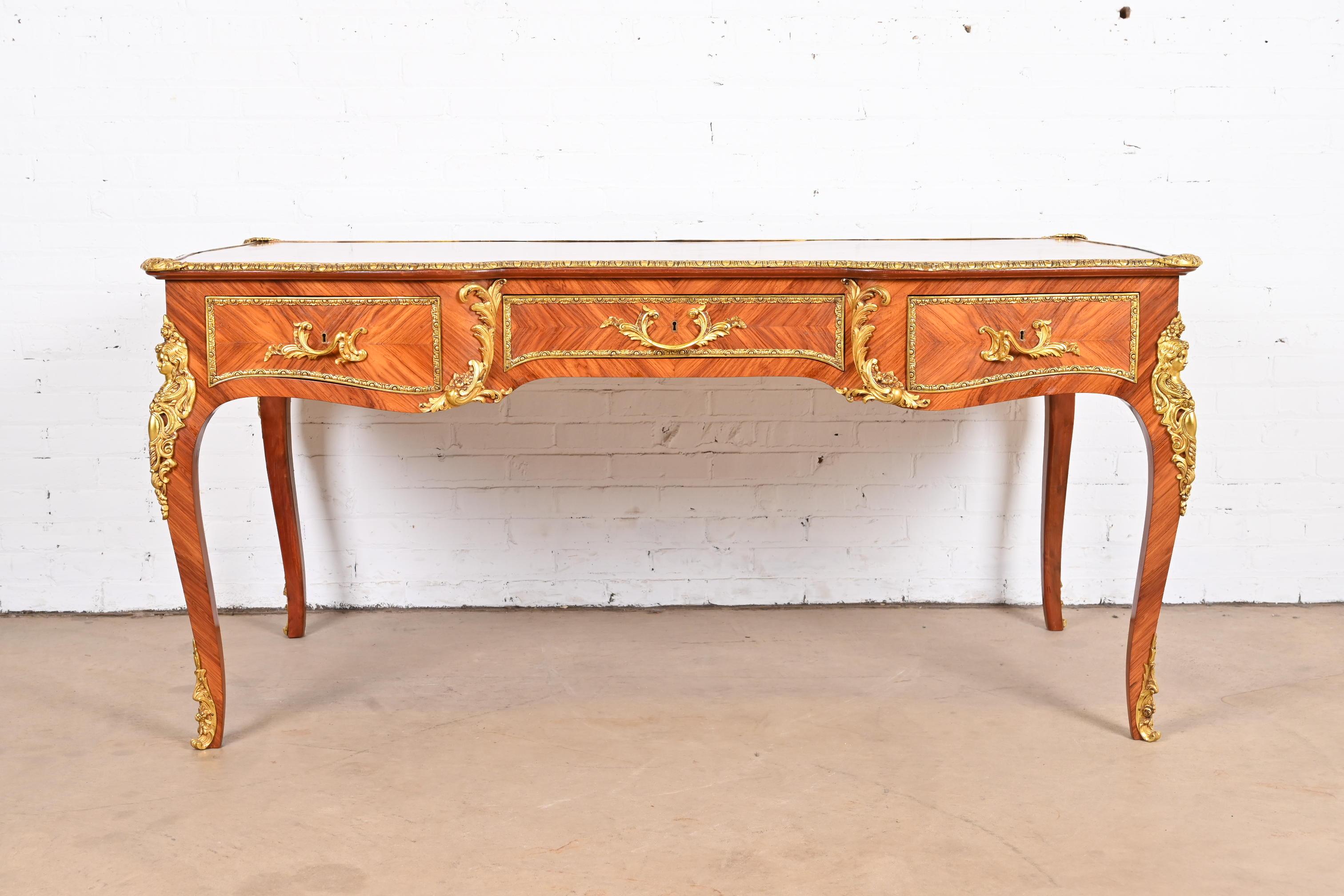 French Louis XV Kingwood Executive Bureau Plat Desk With Mounted Bronze Ormolu In Good Condition In South Bend, IN