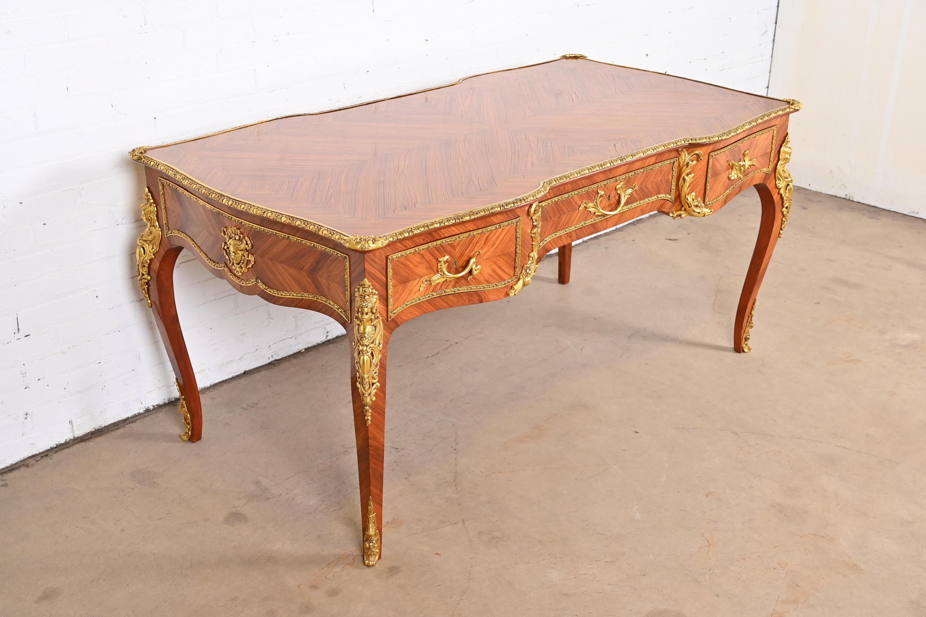 French Louis XV Kingwood Executive Bureau Plat Desk With Mounted Bronze Ormolu 2
