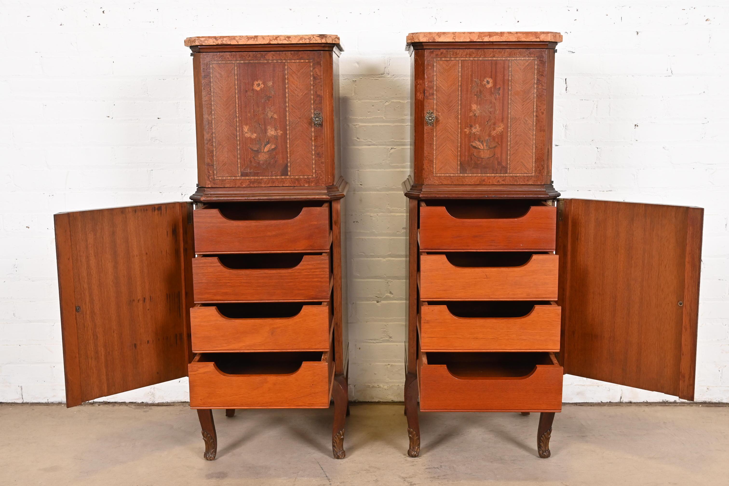 French Louis XV Kingwood Inlaid Marquetry Marble Top Lingerie Chests, Pair For Sale 7