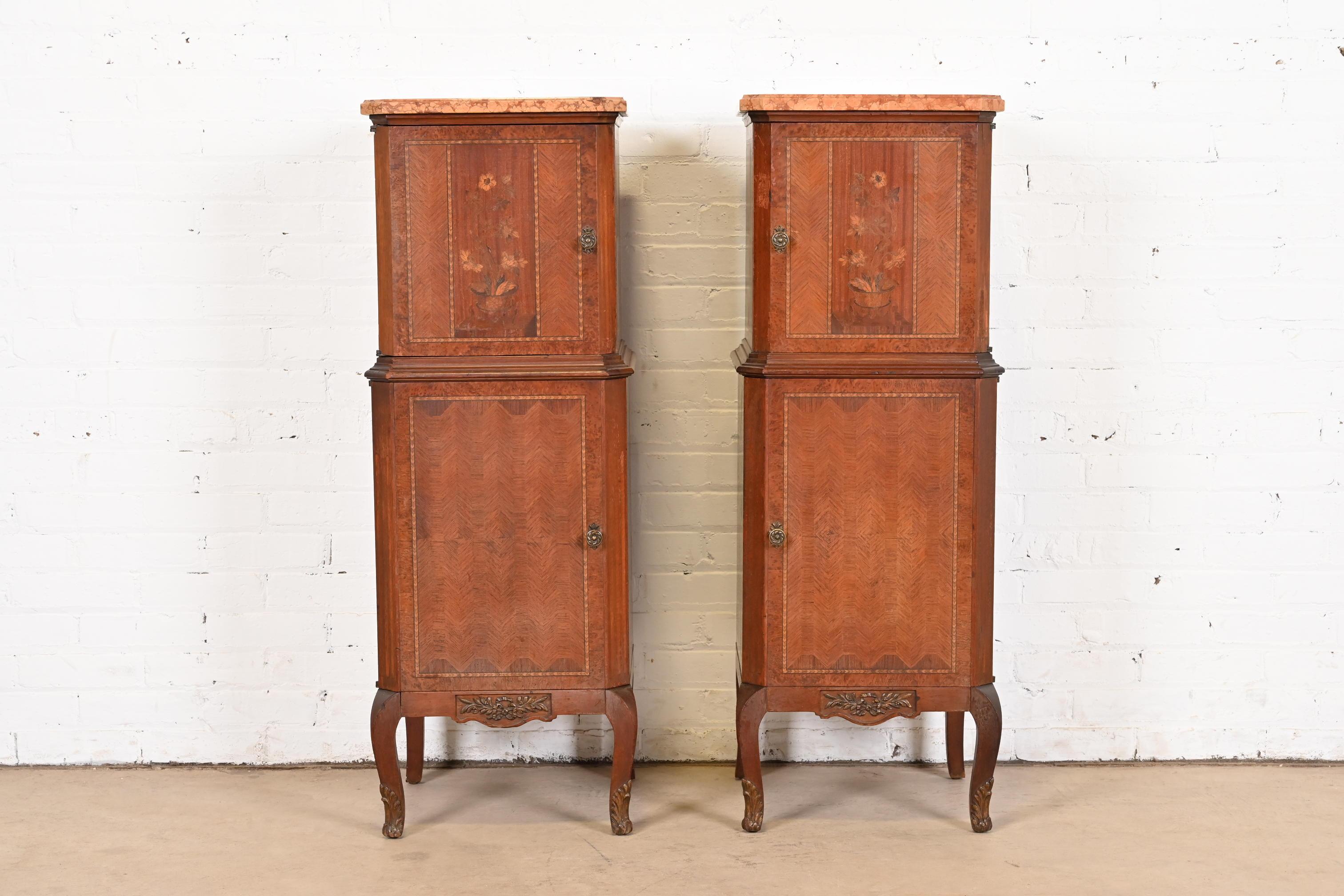 French Louis XV Kingwood Inlaid Marquetry Marble Top Lingerie Chests, Pair In Good Condition For Sale In South Bend, IN