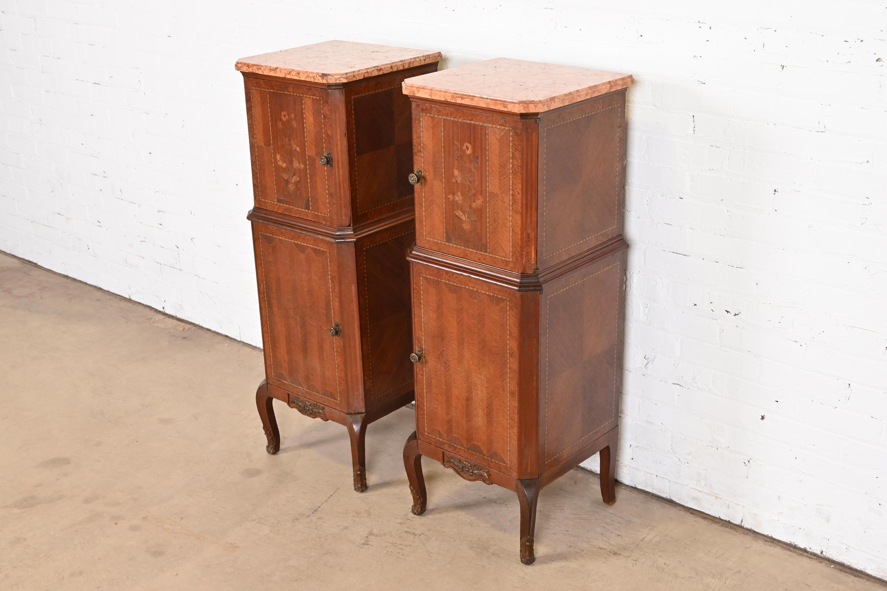 20th Century French Louis XV Kingwood Inlaid Marquetry Marble Top Lingerie Chests, Pair For Sale