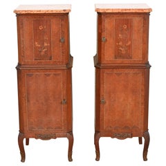 French Louis XV Kingwood Inlaid Marquetry Marble Top Lingerie Chests, Pair