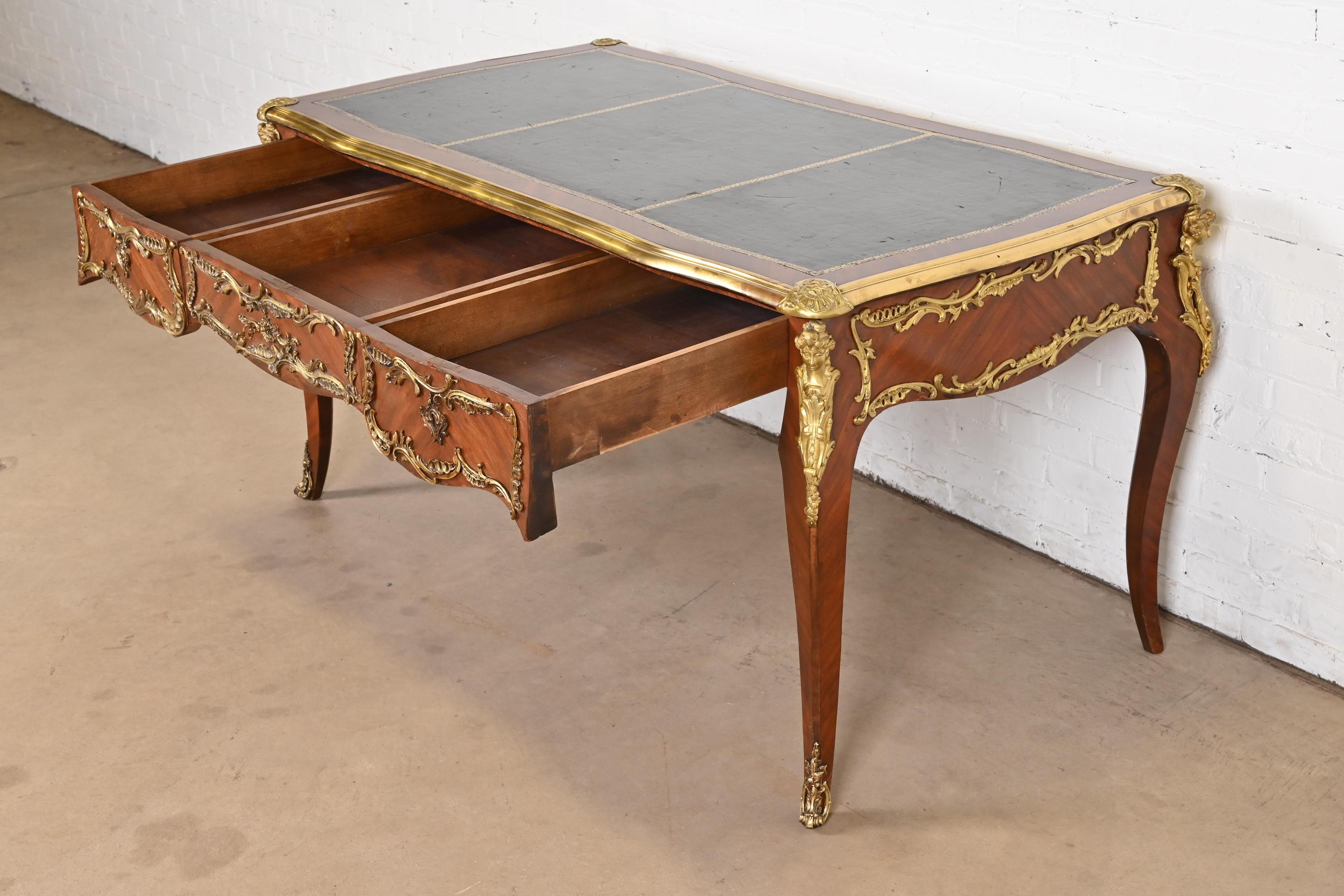 French Louis XV Kingwood Leather Top Bureau Plat Desk With Gilt Bronze Ormolu For Sale 5