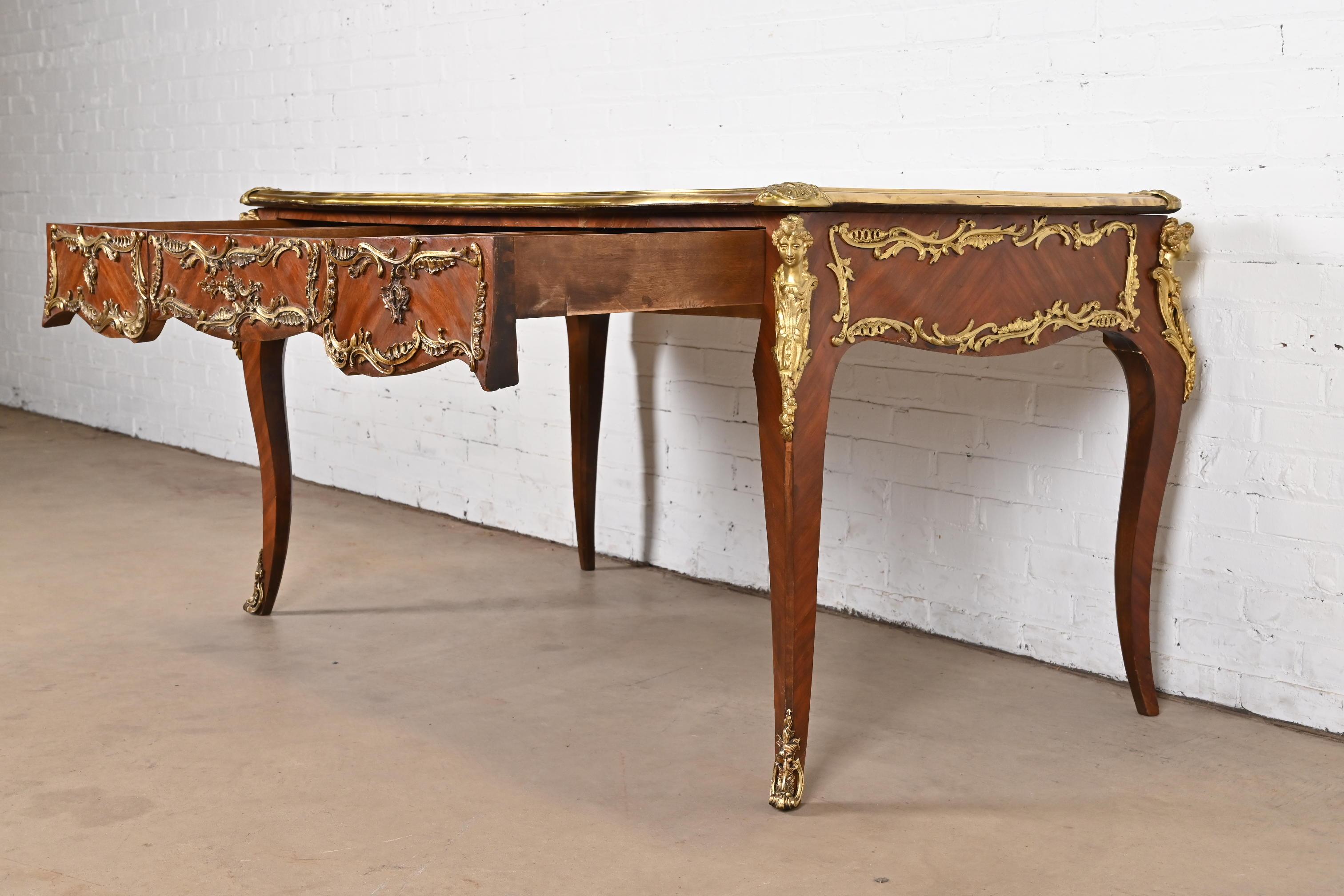 French Louis XV Kingwood Leather Top Bureau Plat Desk With Gilt Bronze Ormolu For Sale 6
