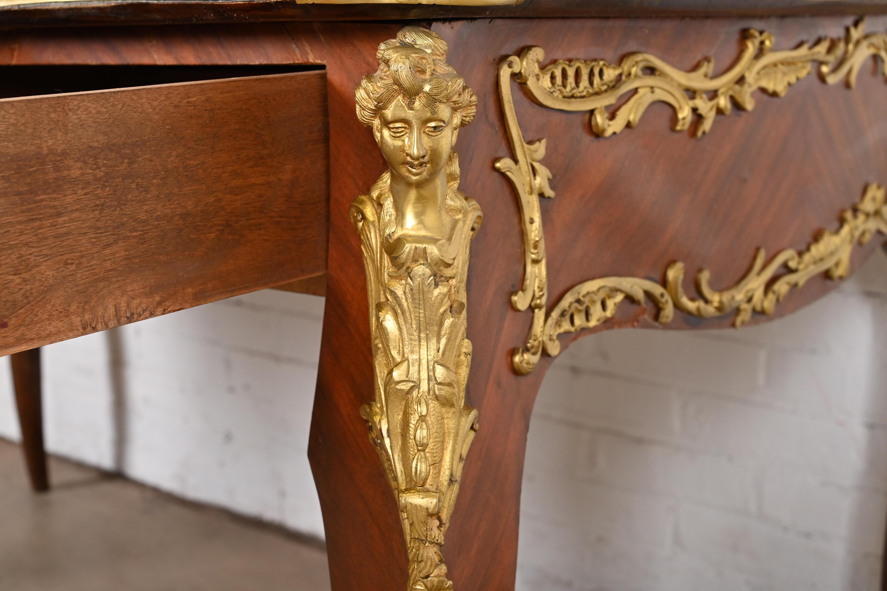 French Louis XV Kingwood Leather Top Bureau Plat Desk With Gilt Bronze Ormolu For Sale 7