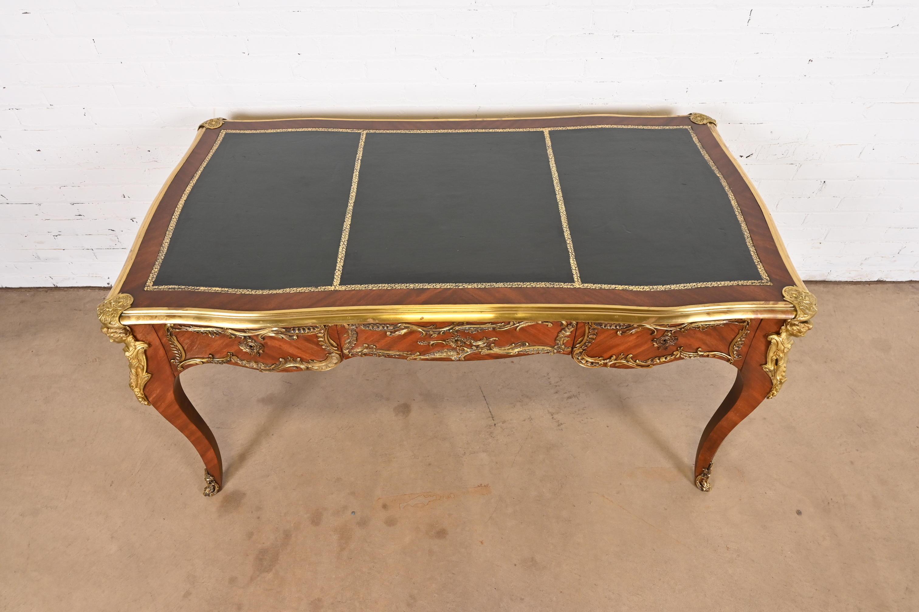 French Louis XV Kingwood Leather Top Bureau Plat Desk With Gilt Bronze Ormolu For Sale 9