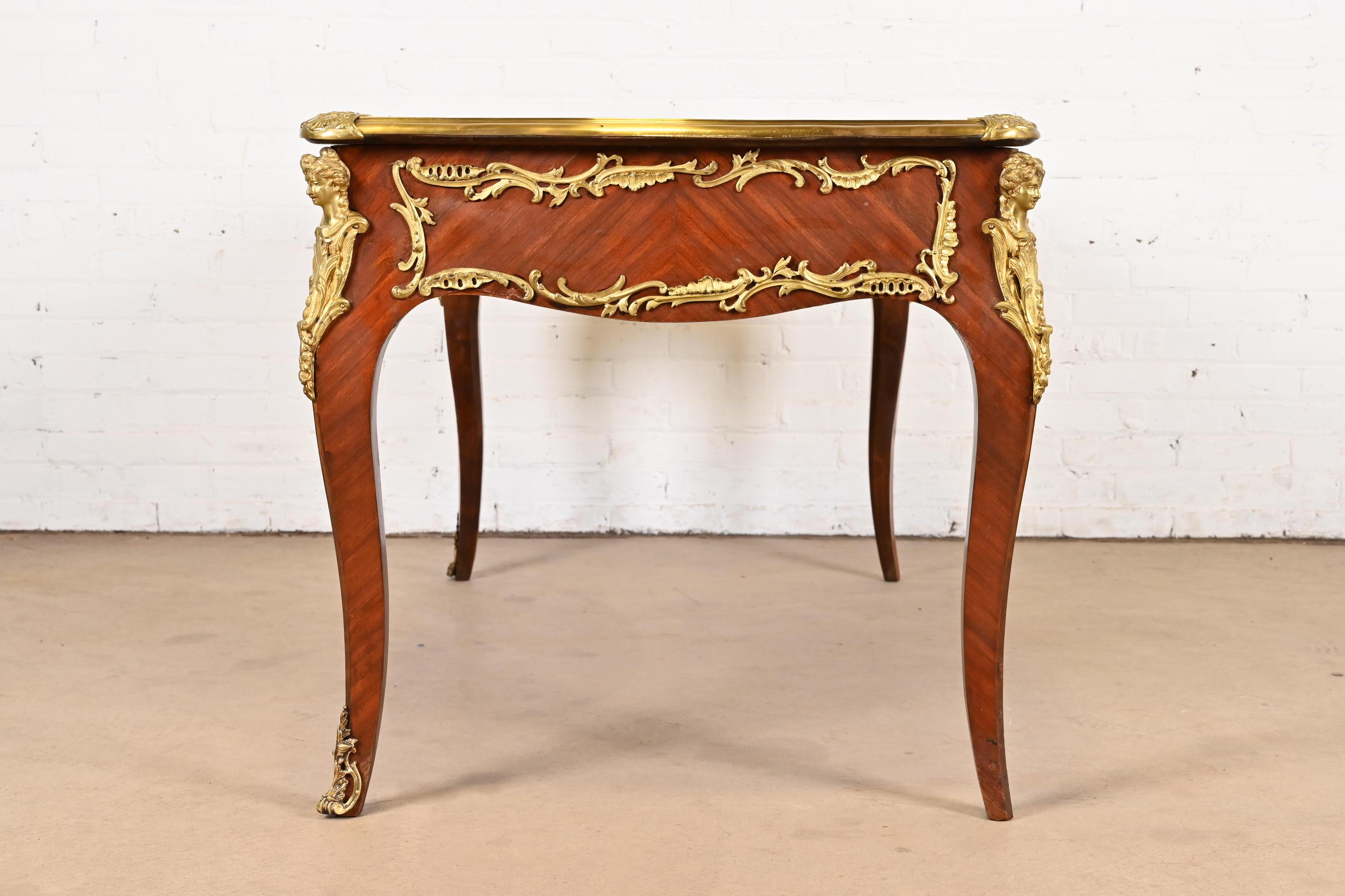 French Louis XV Kingwood Leather Top Bureau Plat Desk With Gilt Bronze Ormolu For Sale 11