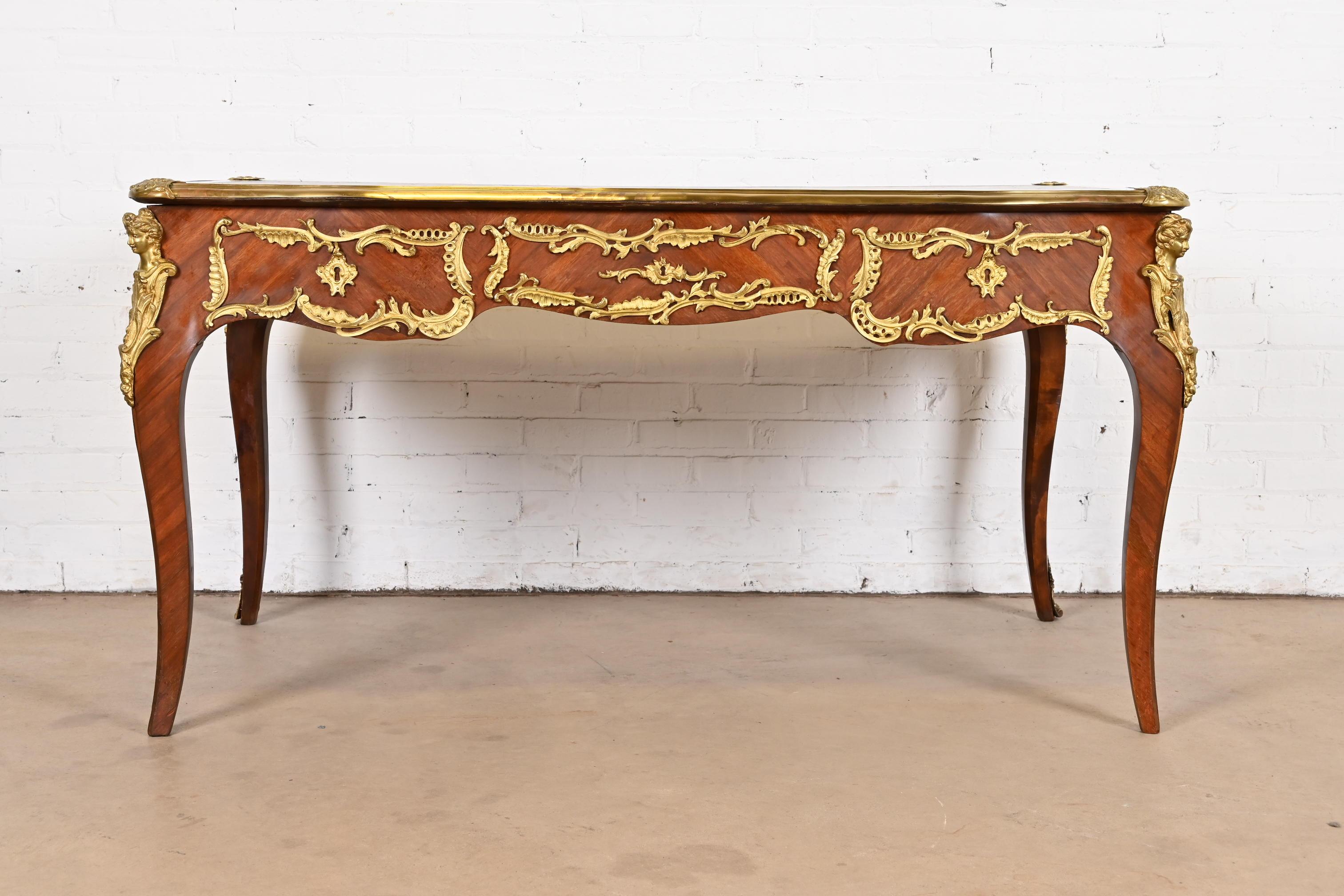 French Louis XV Kingwood Leather Top Bureau Plat Desk With Gilt Bronze Ormolu For Sale 12