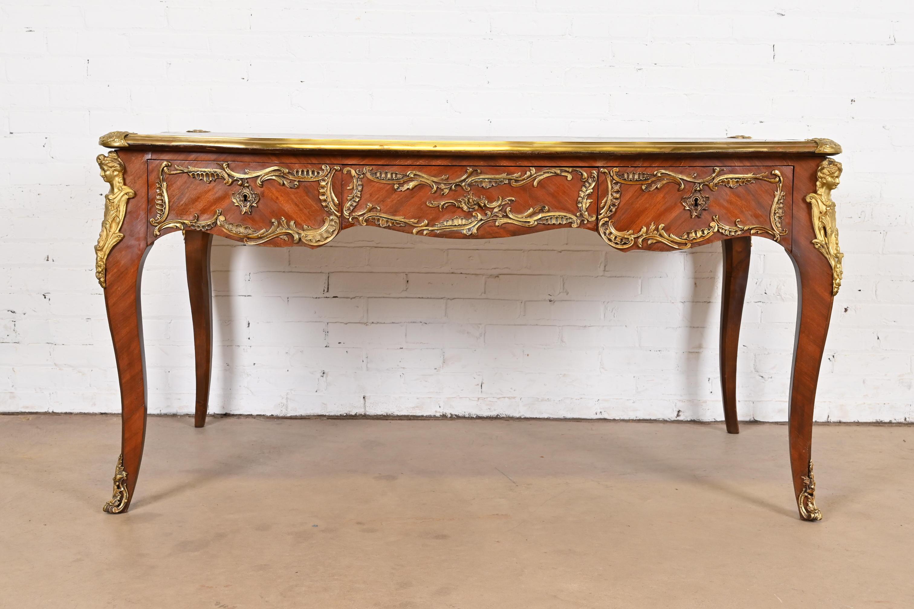 Spanish French Louis XV Kingwood Leather Top Bureau Plat Desk With Gilt Bronze Ormolu For Sale