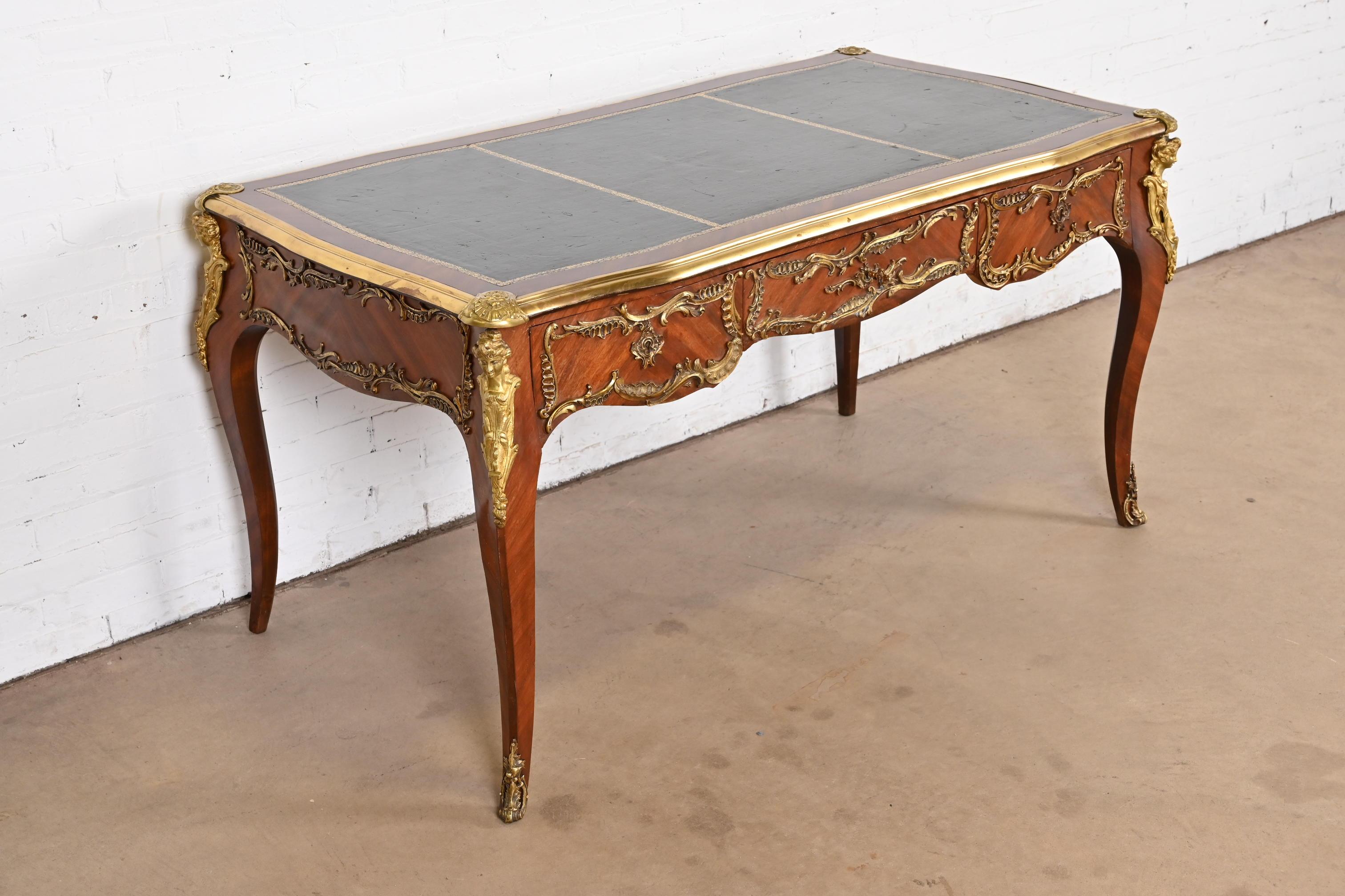 20th Century French Louis XV Kingwood Leather Top Bureau Plat Desk With Gilt Bronze Ormolu For Sale