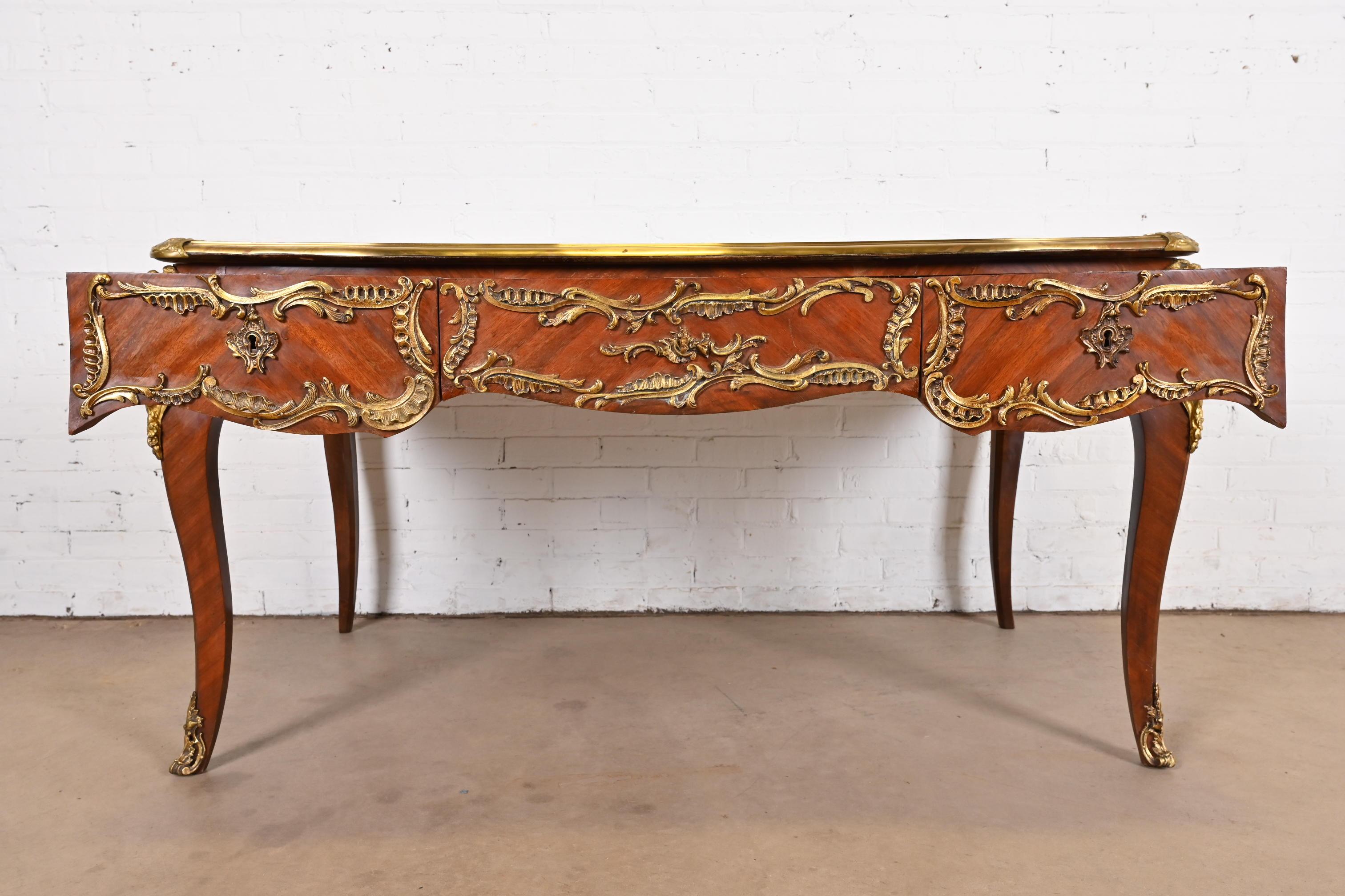 French Louis XV Kingwood Leather Top Bureau Plat Desk With Gilt Bronze Ormolu For Sale 2