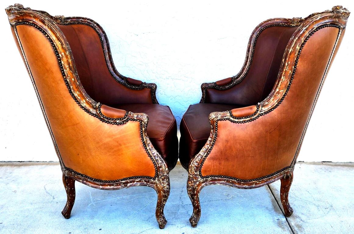 French Louis XV Leather Library Armchairs by Theodore Alexander For Sale 6